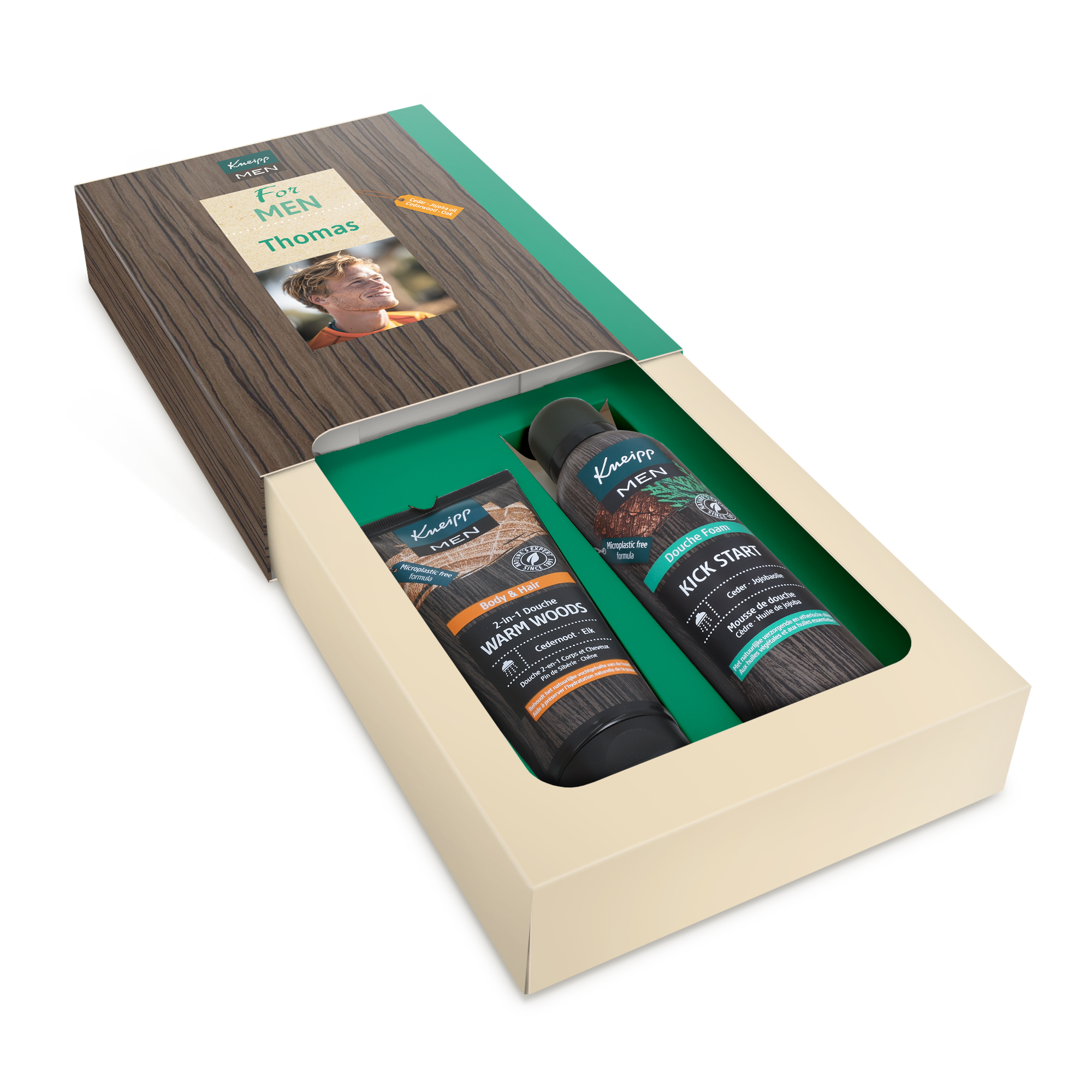 Personalised Kneipp gift set for men - Kneipp design, with a photo of a man and the name Thomas printed on the box, containing shower gel and body foam.