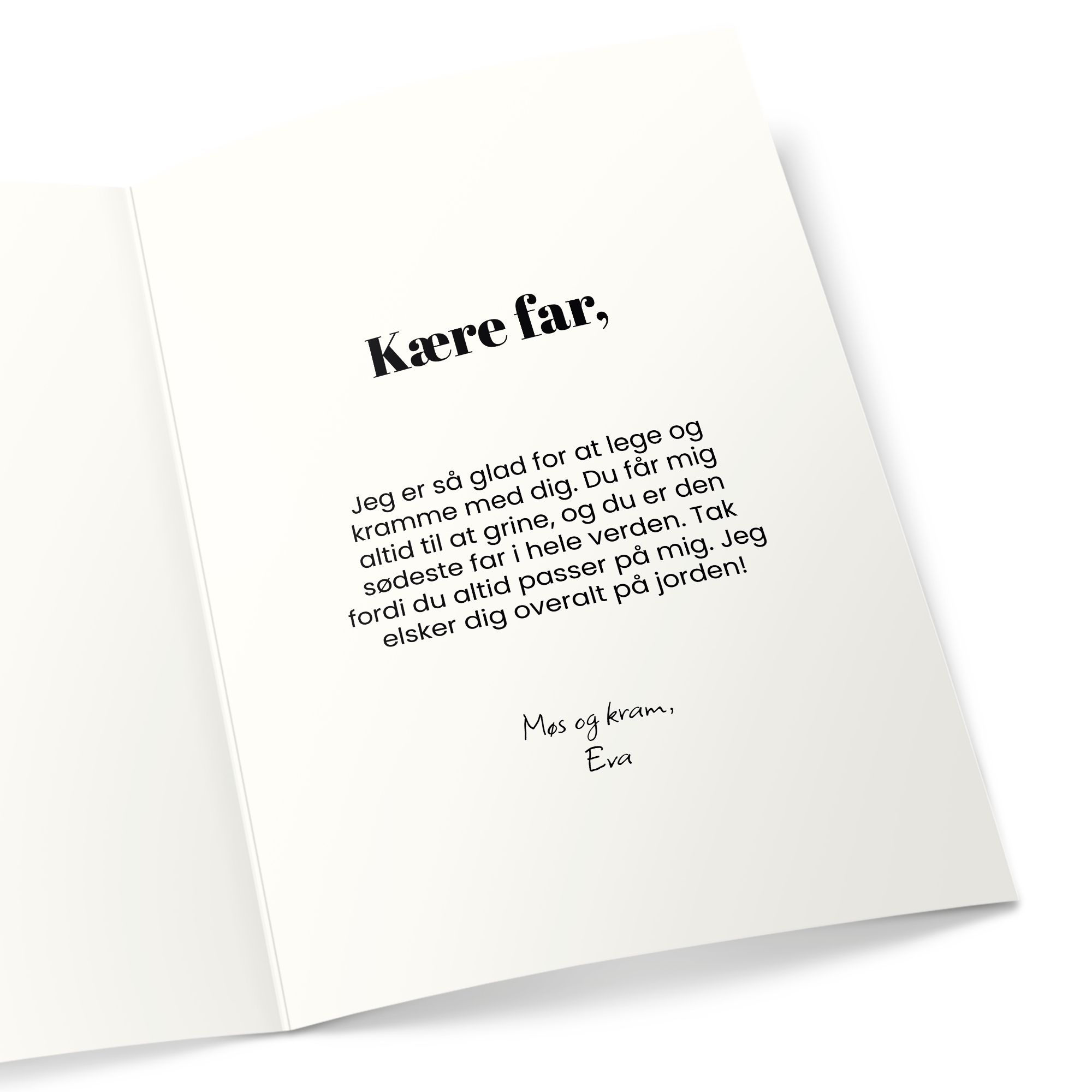 Kæmpe lykønskningskort - Personligt - Fars Dag - 50 cm med hilsen "Kære far" og personlig tekst trykt i sort på indersiden. Kortet er klar til at blive personliggjort med din egen besked til Fars Dag.