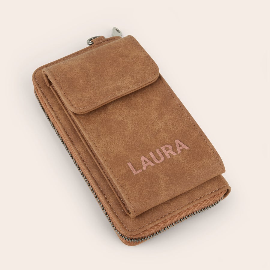 Personalizirana torba za telefon Rjava prilagojena torba za telefon iz PU usnja z vgraviranim imenom Laura in zadrgo