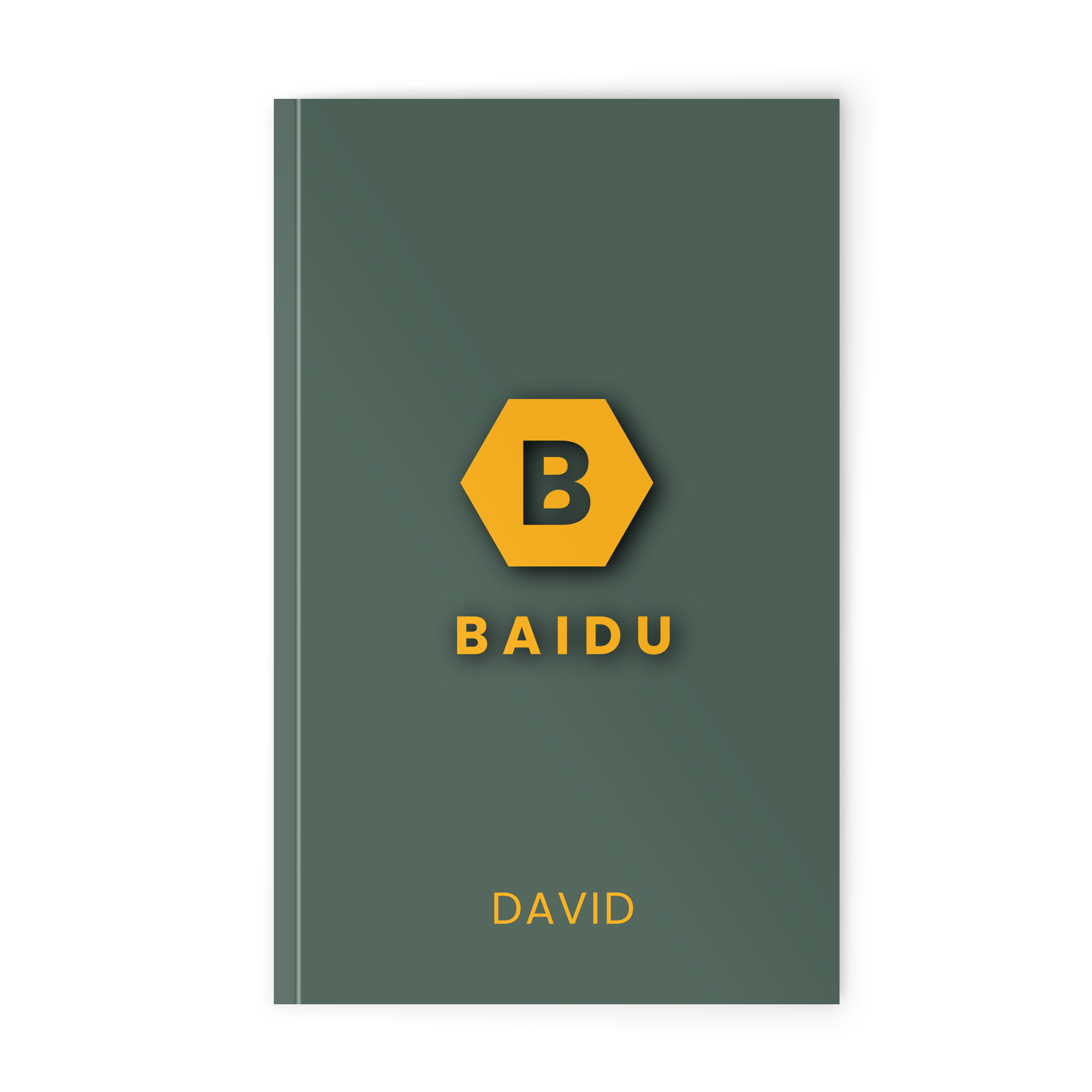 Personalised notebook with a dark green cover, printed with a yellow hexagonal logo and the names Baidu and David