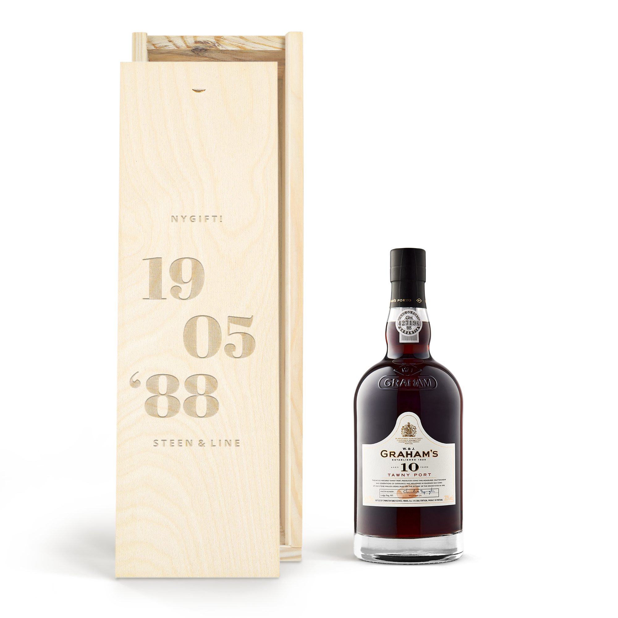 Grahams 10 års Port i en indgraveret trææske med navn og dato.
