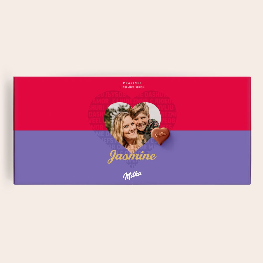 Praline Milka L'amore Confezione regalo di cioccolato Say it with Milka personalizzata con foto e nome Jasmine, per dire alla tua dolce metà che tieni a lei