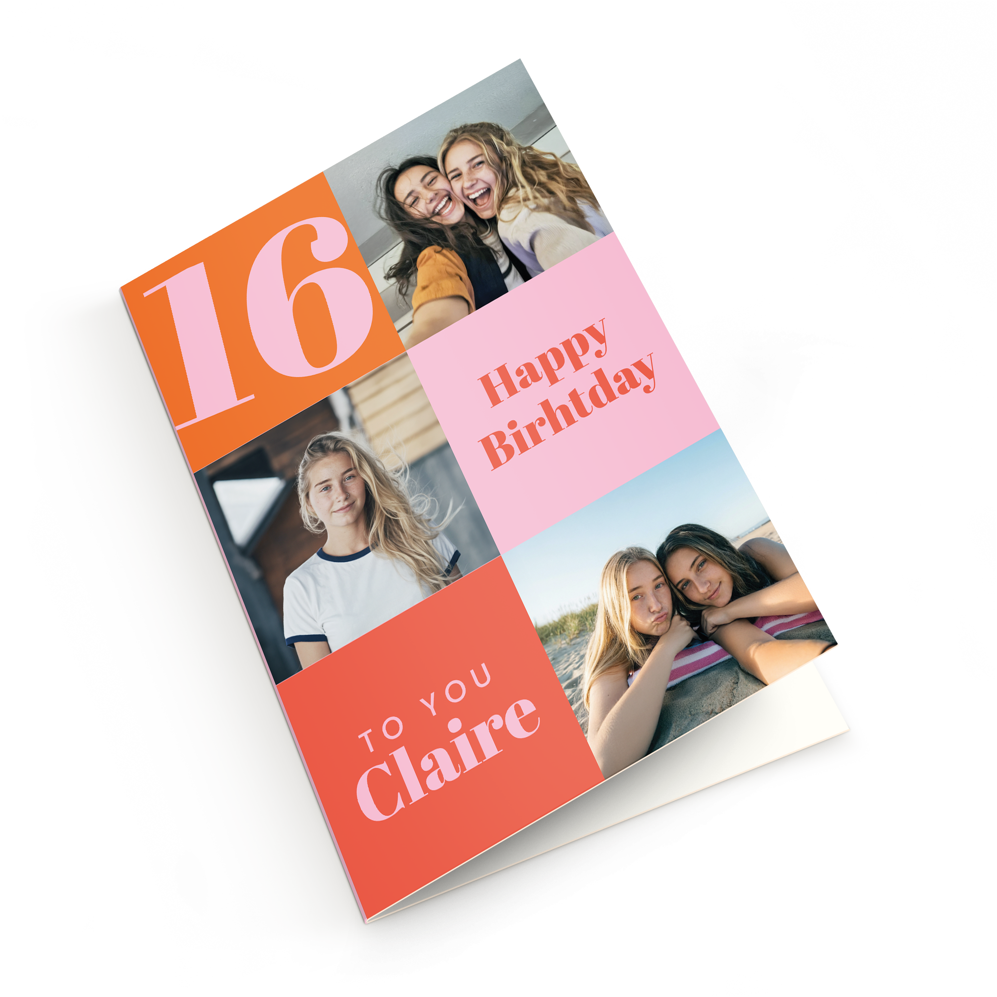 Gepersonaliseerde wenskaart met eigen foto's, leeftijd 16, naam Claire en 'Happy Birthday'. Perfect als cadeau Test.