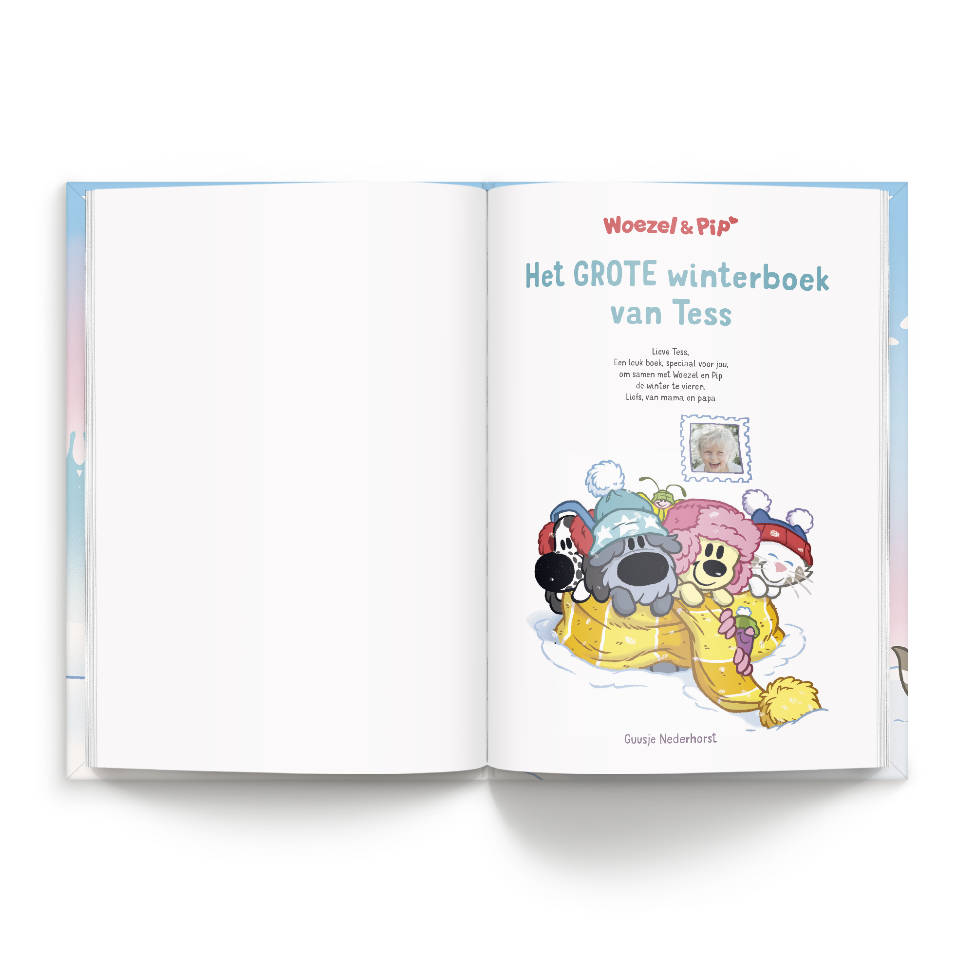 Boek met naam en foto - Woezel & Pip - Winterboek - XL boek (Hardcover) met gepersonaliseerde tekst Lieve Tess en foto van een kind