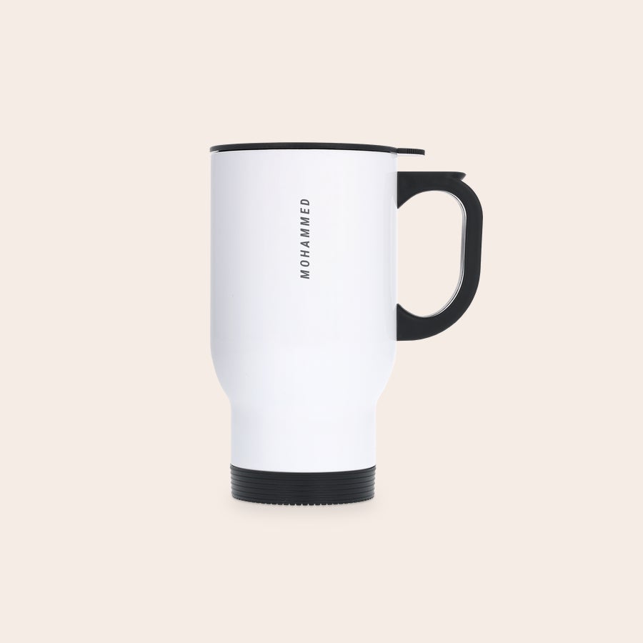 Cană termos Cană termos albă personalizată cu numele Mohammed printat vertical, transformă orice băutură zilnică cu o atingere personalizată.
