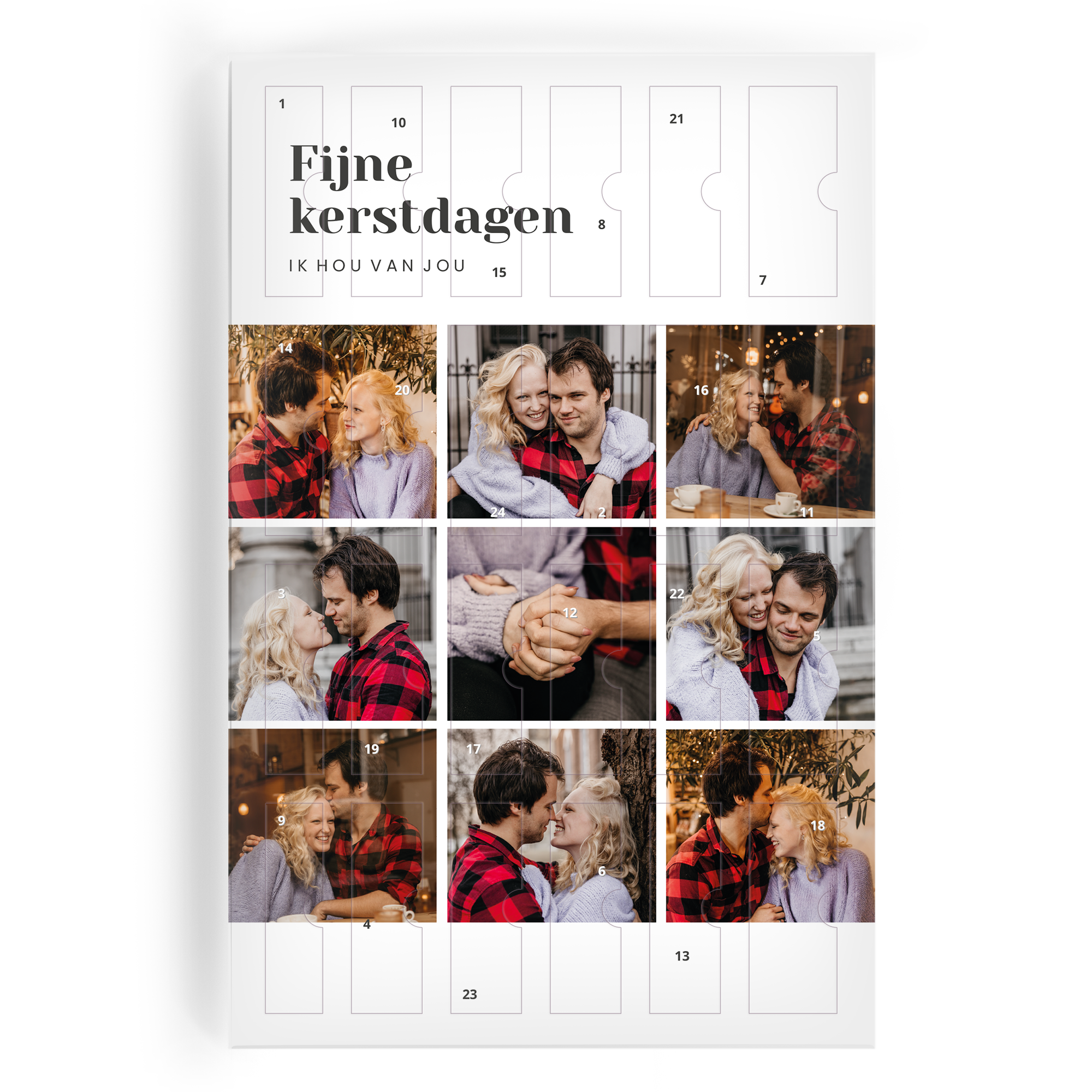 Gepersonaliseerde adventskalender met 24 foto's en tekst Fijne kerstdagen, Ik hou van jou, geprint voor het aftellen naar kerst.