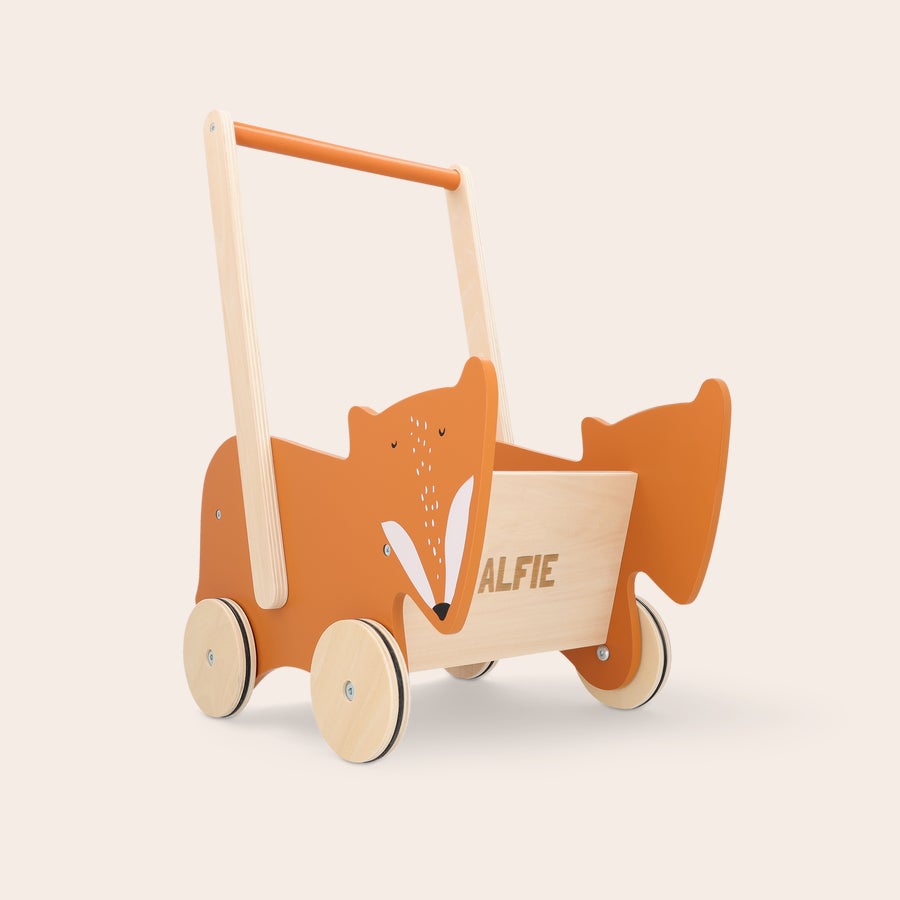 Girello per bambini personalizzato girello per bambini in legno arancione a forma di volpe con il nome ALFIE inciso