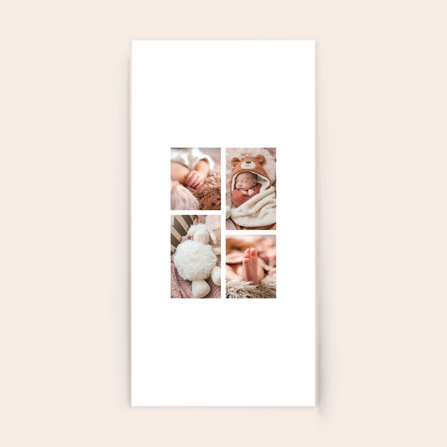 Foto en acrílico Foto en acrílico personalizada con cuatro imágenes de un bebé recién nacido durmiendo y sus pies, impresa a todo color.