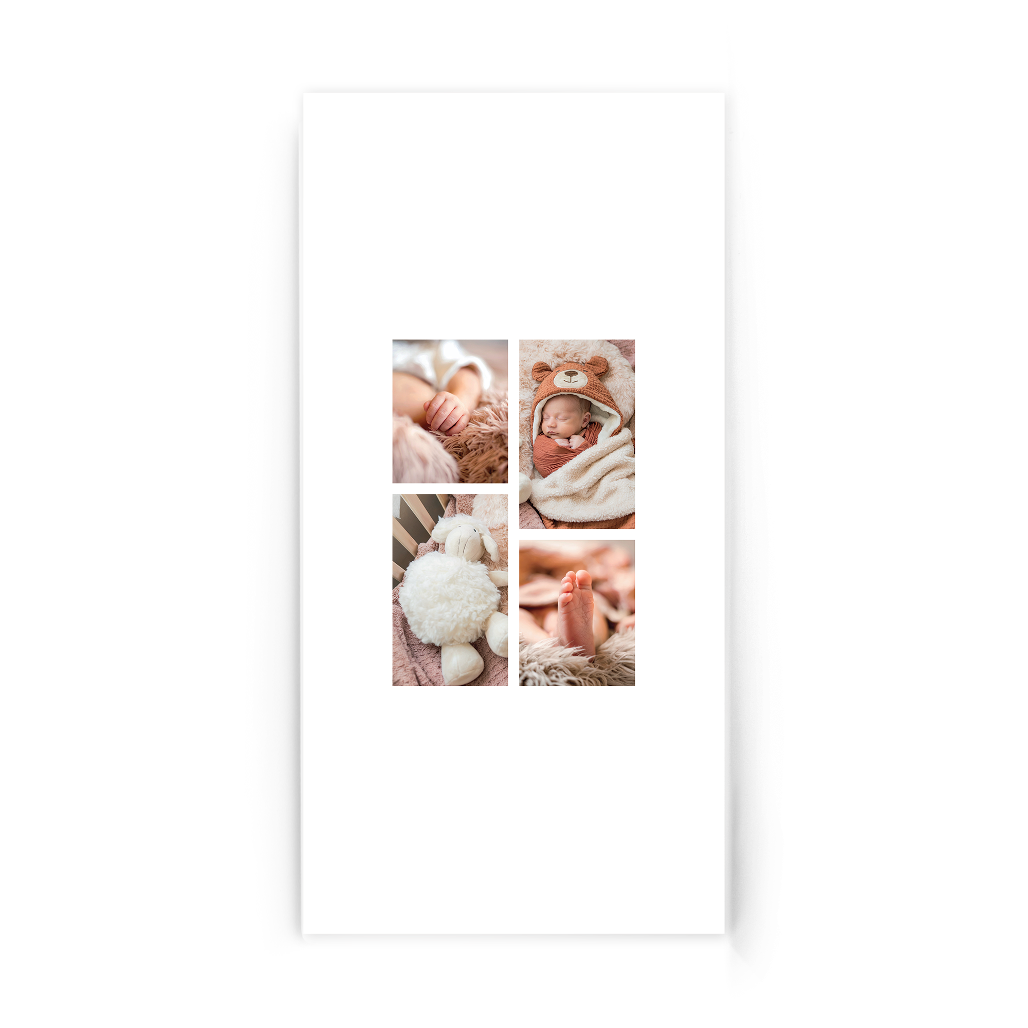 Bilde på akryl med fire babyfotografier, inkludert en sovende baby med bjørnelue og babyføtter.