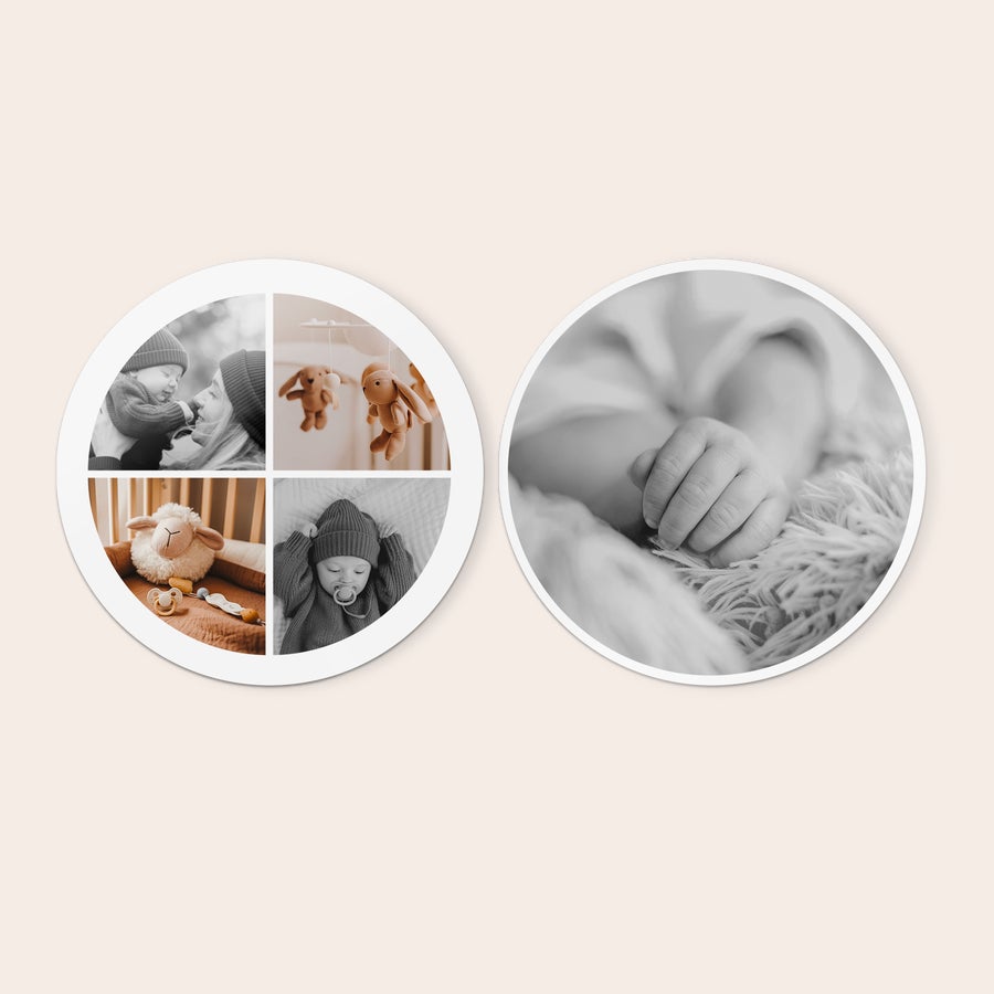 Panouri de perete personalizate Panouri decorative rotunde personalizate din lemn, imprimate cu 5 fotografii alb-negru cu bebelusi, pentru decorarea peretelui.