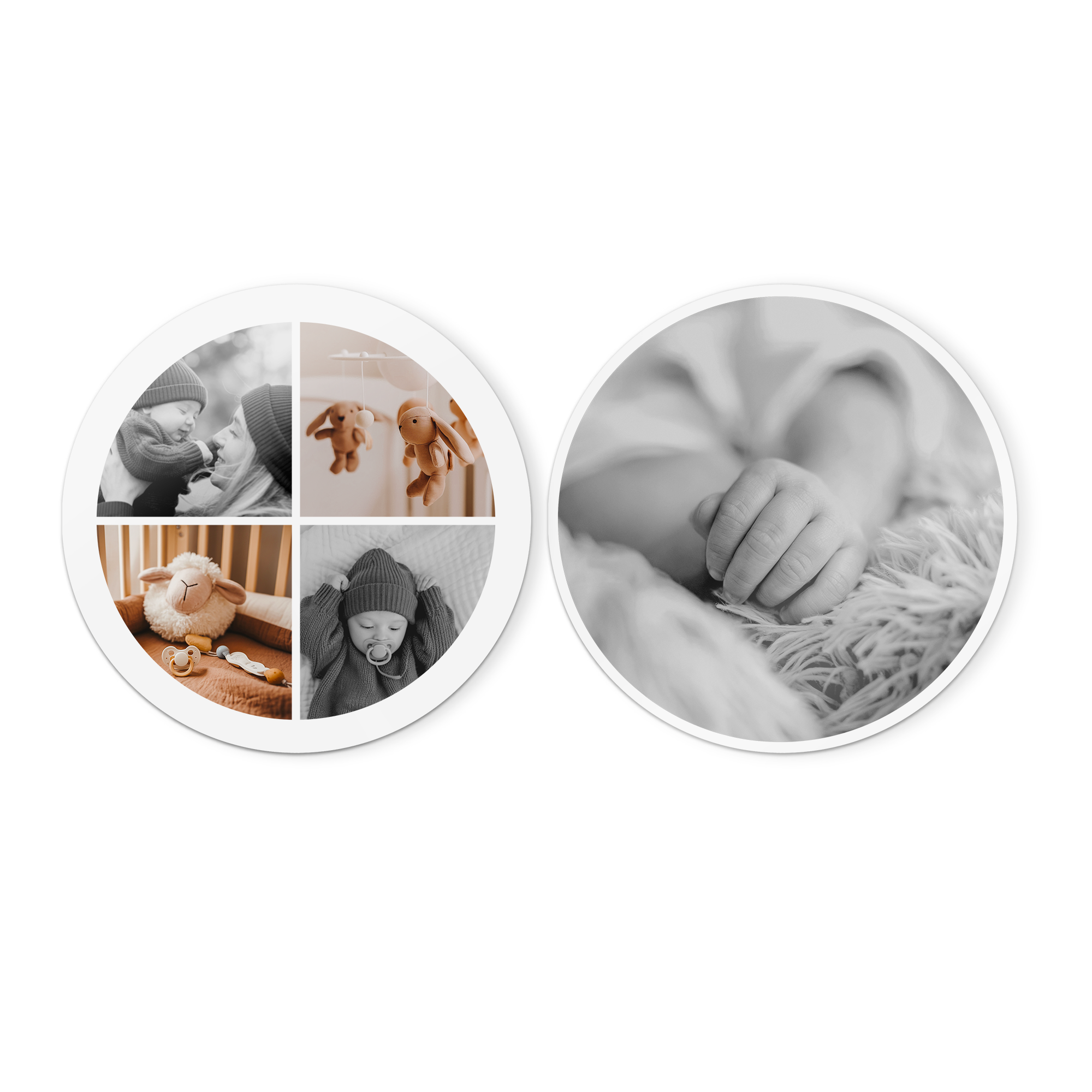 Runde Wandbilder aus Holz mit Schwarz-Weiß-Fotos bedruckt als Erinnerung an die Babyzeit. Dekorieren Sie Ihre Wand mit Wandbildern aus Holz mit Ihrem Design.