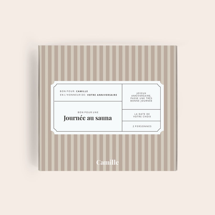 Chocolat Milka Anniversaire Boîte cadeau Joyeux anniversaire personnalisée imprimée avec le nom Camille et un bon pour une journée au sauna.
