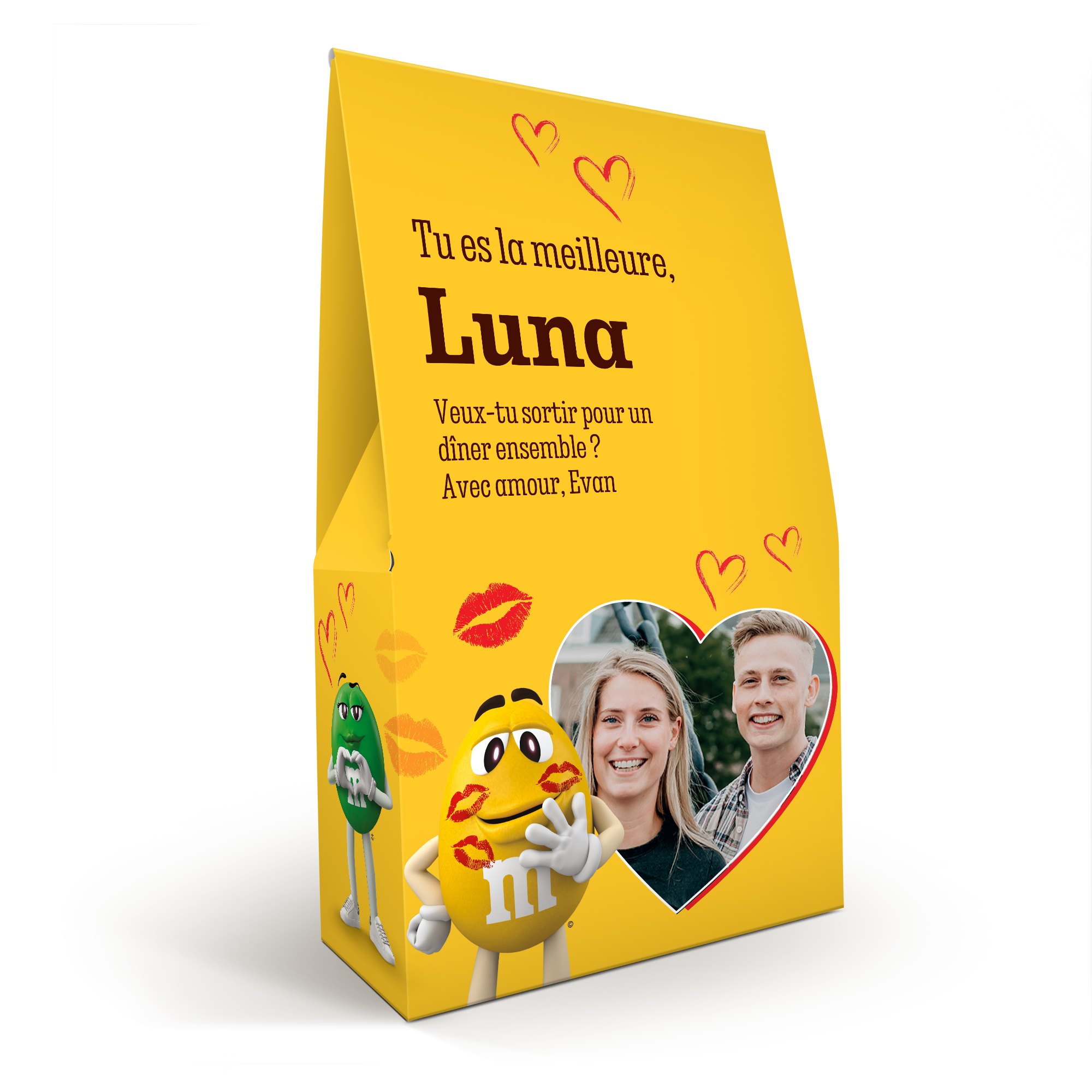 Coffret cadeau XL de M&Ms au chocolat personnalisé avec photo, le texte Tu es la meilleure Luna, et le message imprimés