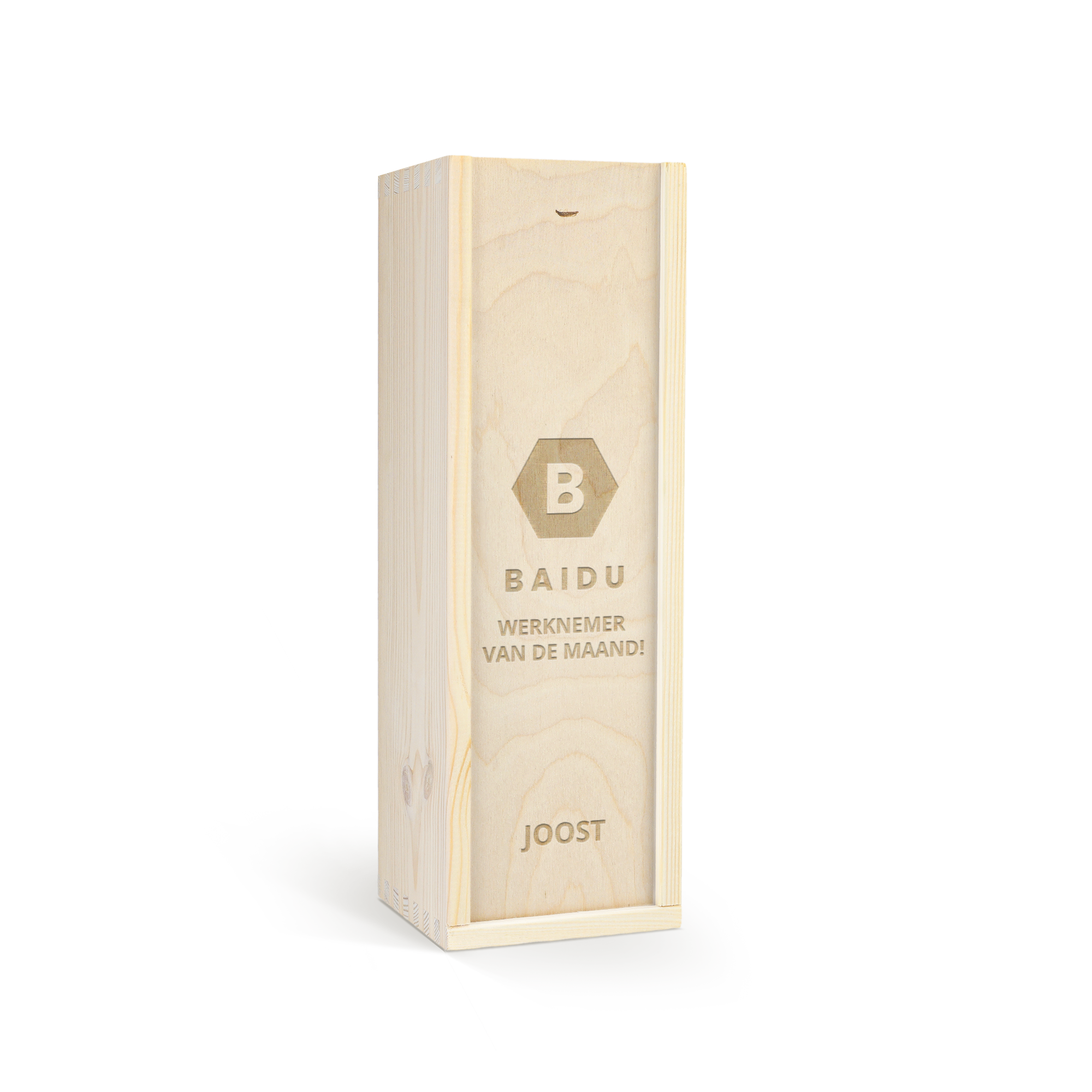 Houten kist voor whiskey gegraveerd met logo en tekst BAIDU WERKNEMER VAN DE MAAND en naam JOOST