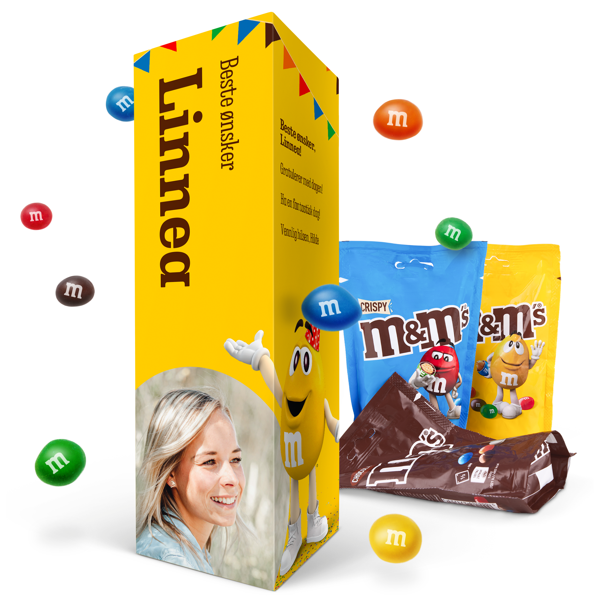 Personlig M&M's-gaveeske med bilde av en kvinne, navnet Linnea og hilsen trykket på.