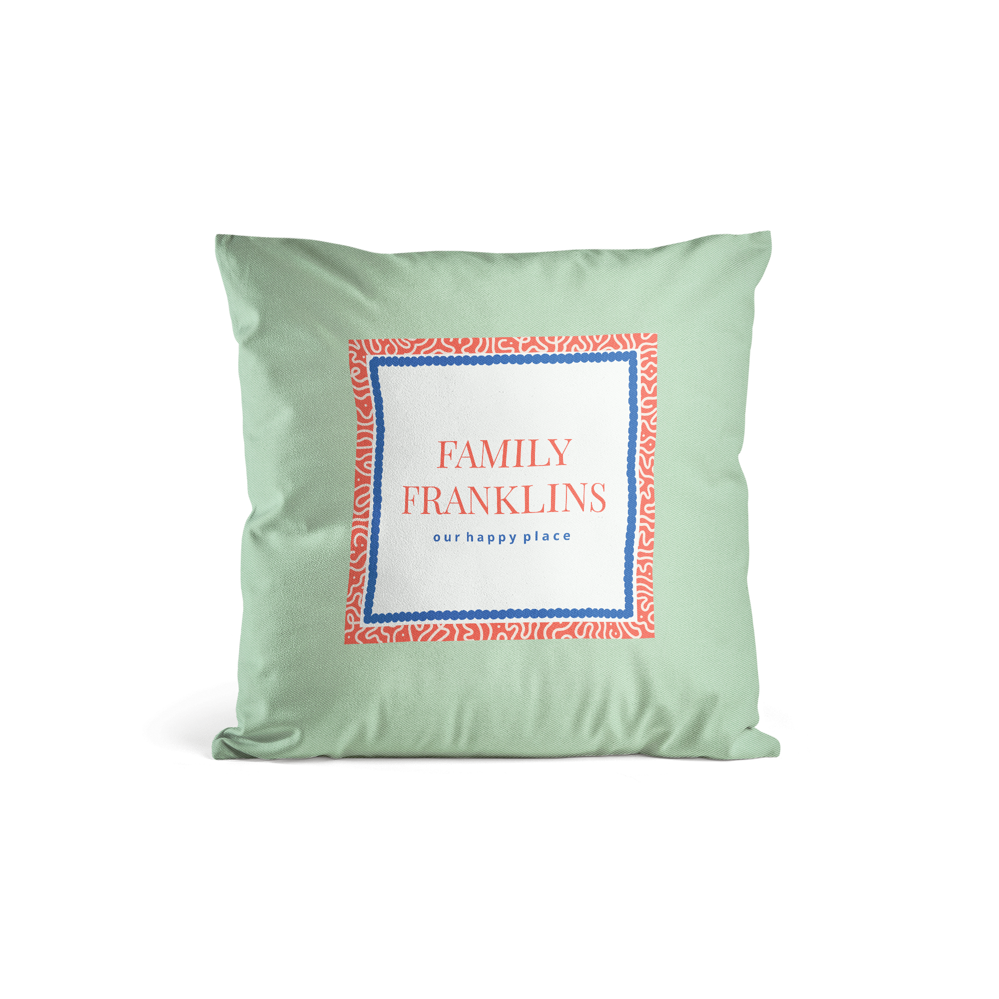 Coussin personnalisé vert menthe imprimé avec le texte Family Franklins our happy place