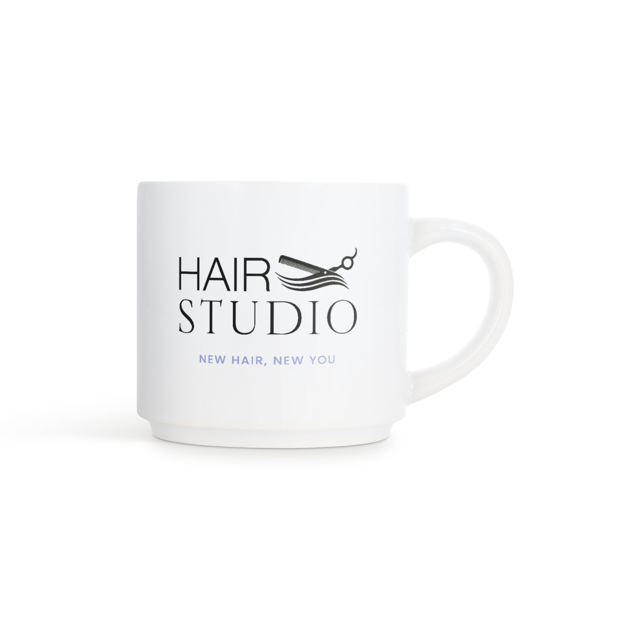 Weiße, stapelbare Fototasse mit dem personalisierten Logo "HAIR STUDIO" und "NEW HAIR, NEW YOU" bedruckt