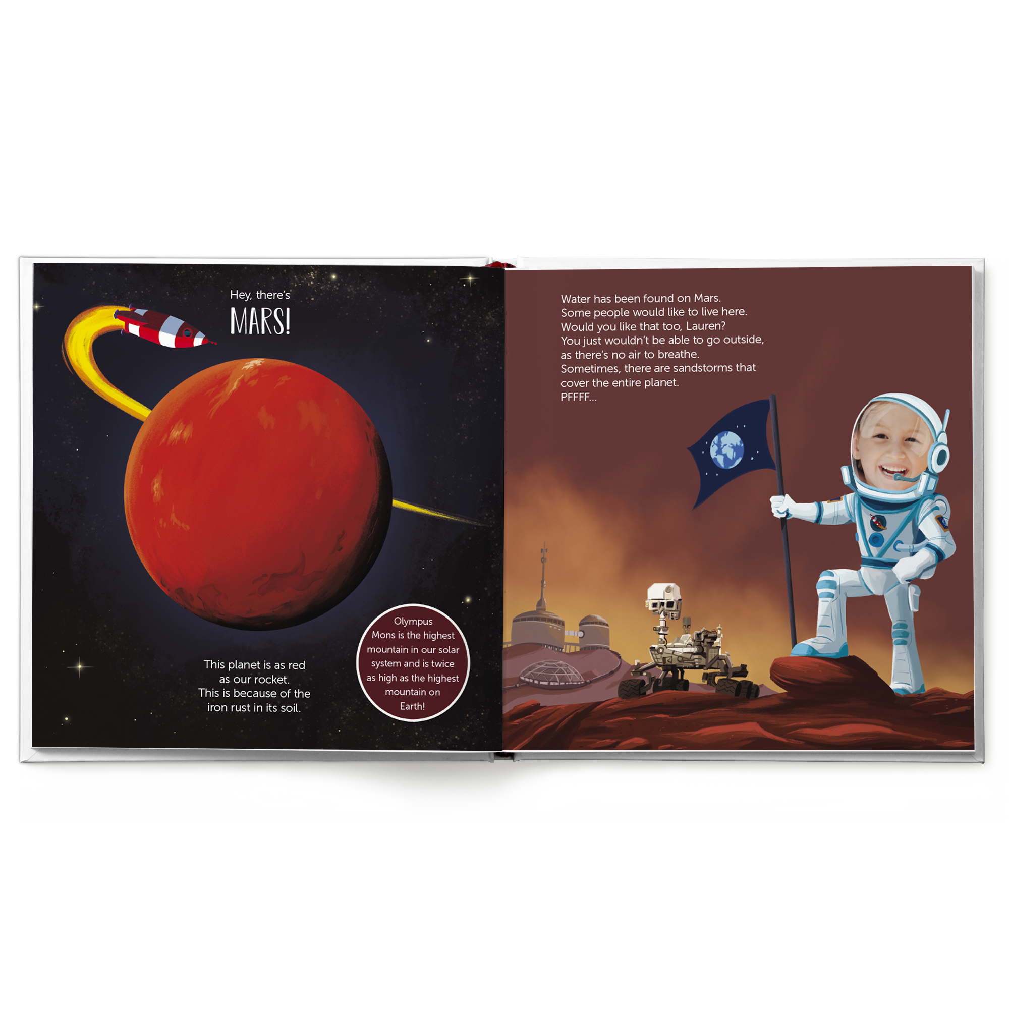 Personalised children's book - The Little Astronaut - Hardcover with a child's photo printed on an astronaut's helmet and their name Lauren in the story.