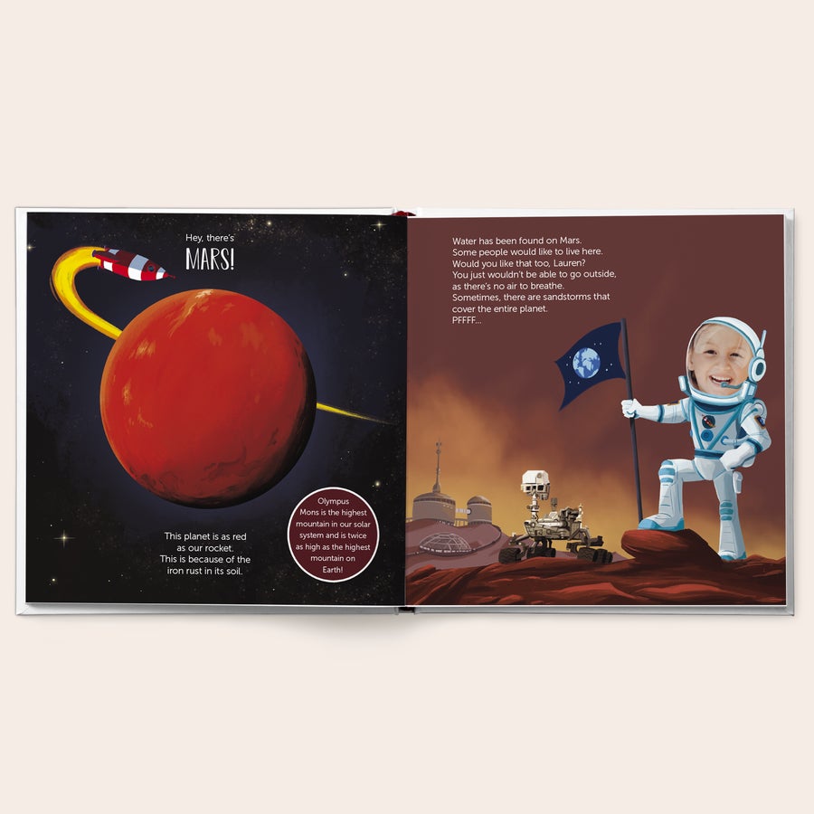 Personalised book - The Little Astronaut Personalised children's book - The Little Astronaut - Hardcover with a child's photo printed on an astronaut's helmet and their name Lauren in the story.