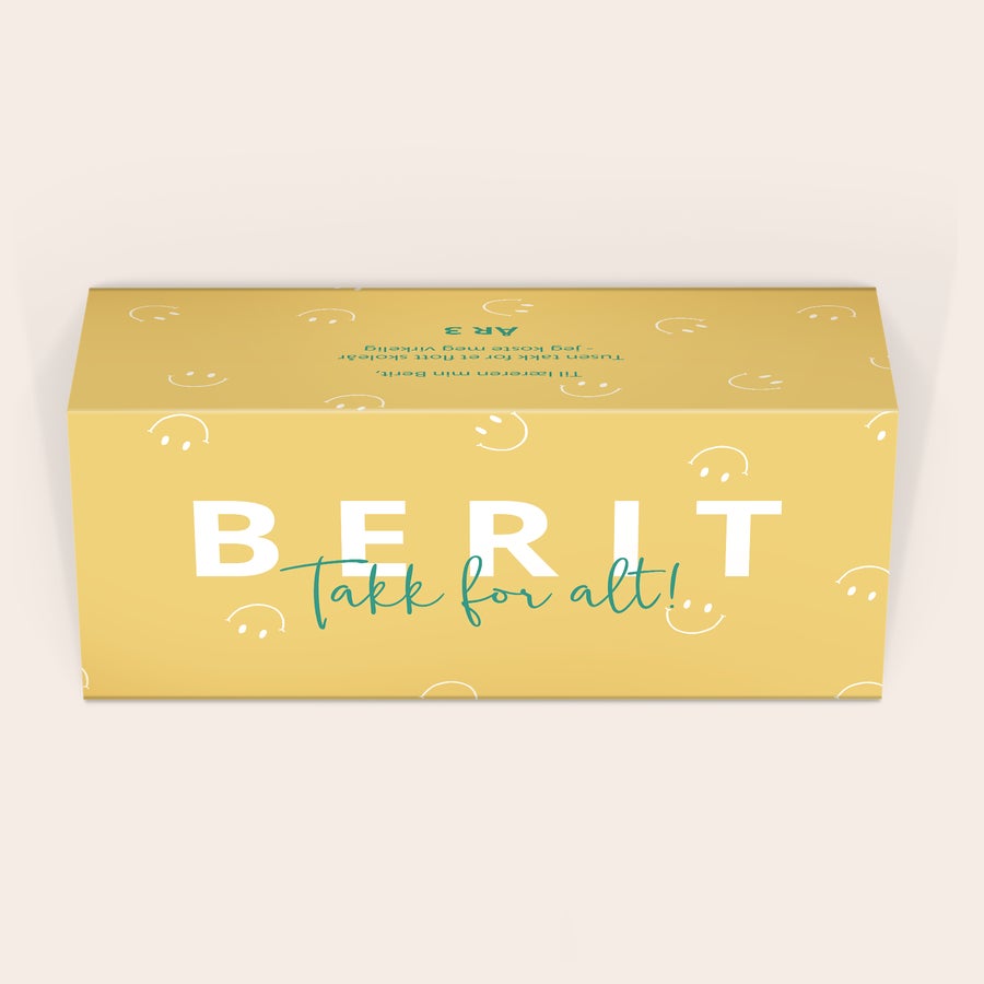 Toblerone med navn Gul XL Toblerone Selection sjokoladebar, trykt med navn Berit og meldingen "Takk for alt!".