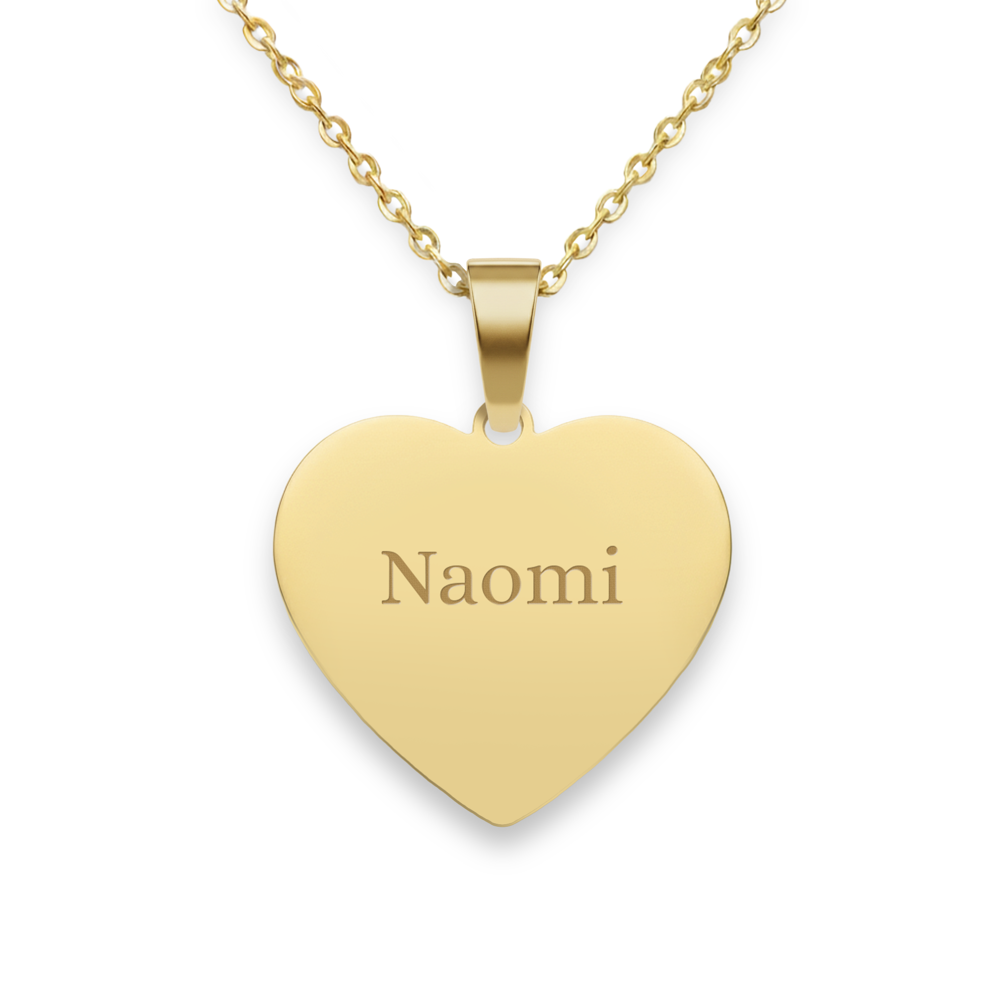 Gold necklace heart pendant with text Naomi engraved. This personalized gold heart necklace features custom text engraving.