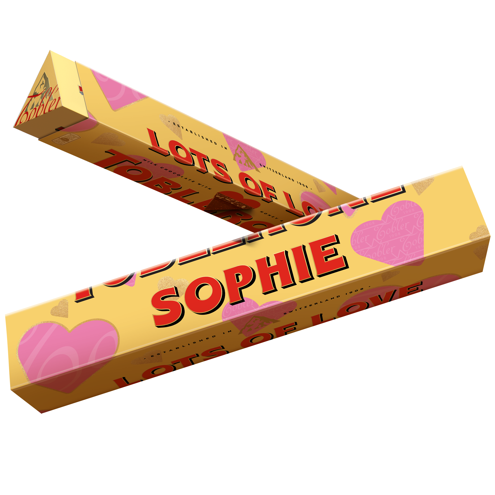 Due barrette di cioccolato Toblerone personalizzate con il nome Sophie, cuori rosa e scritte Lots of Love, stampate sulla confezione.