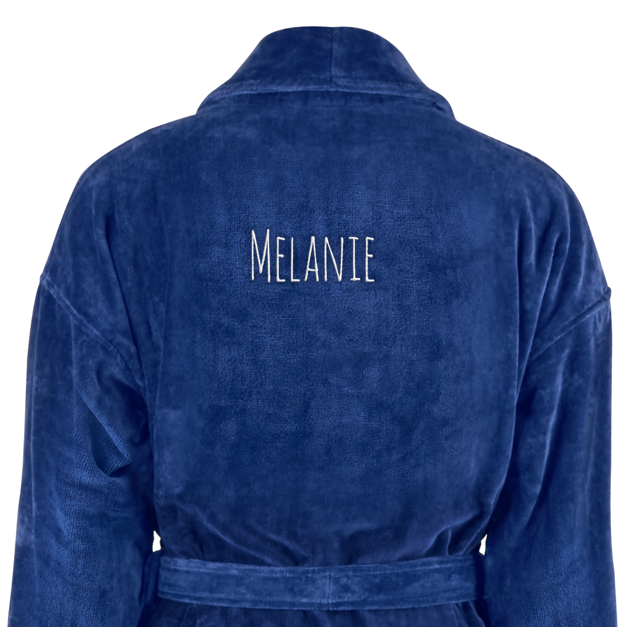 Bademantel aus blauem Frottee, bestickt mit dem Namen MELANIE.