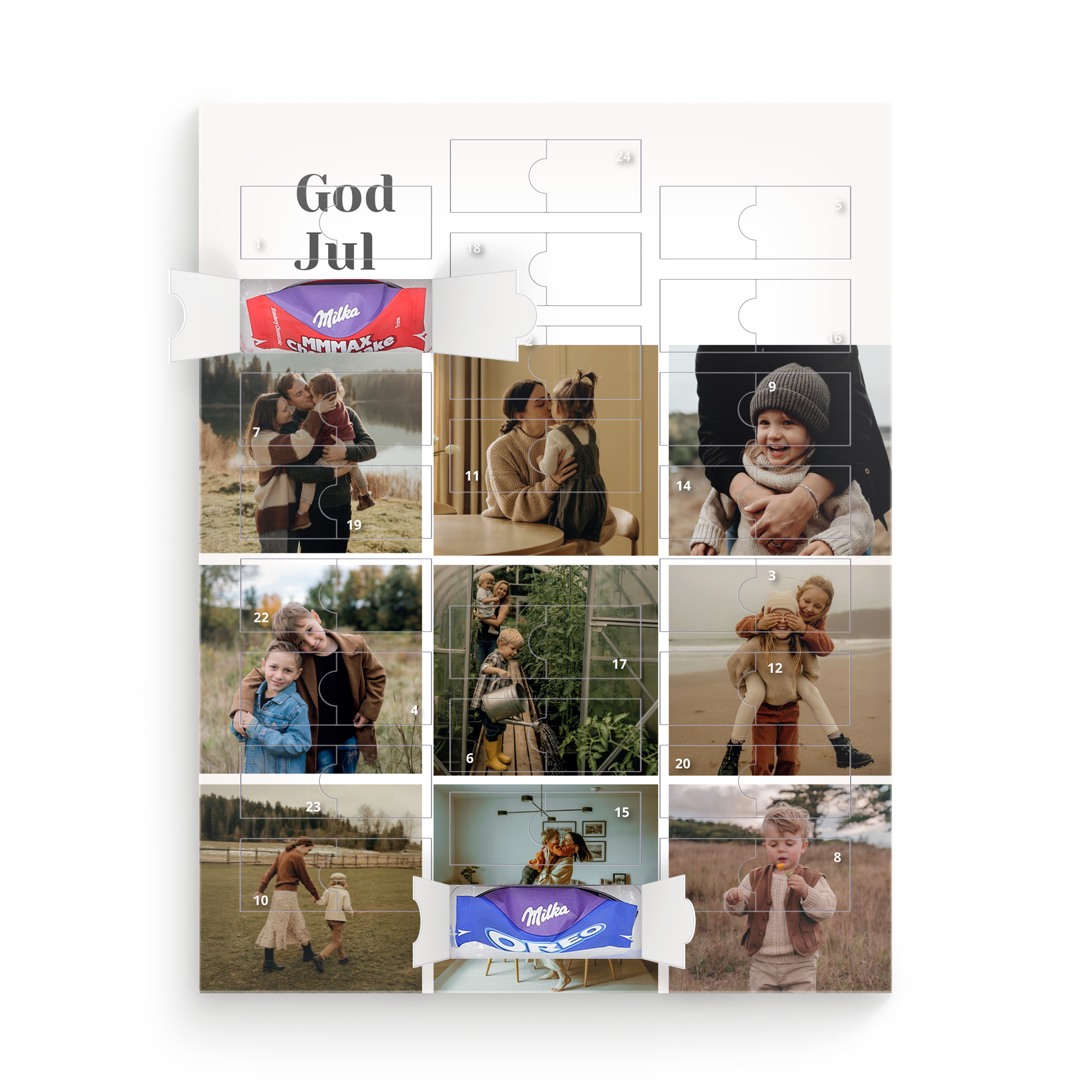 Personlig adventskalender med 24 Milka sjokolader, trykt med egne bilder og teksten God Jul.