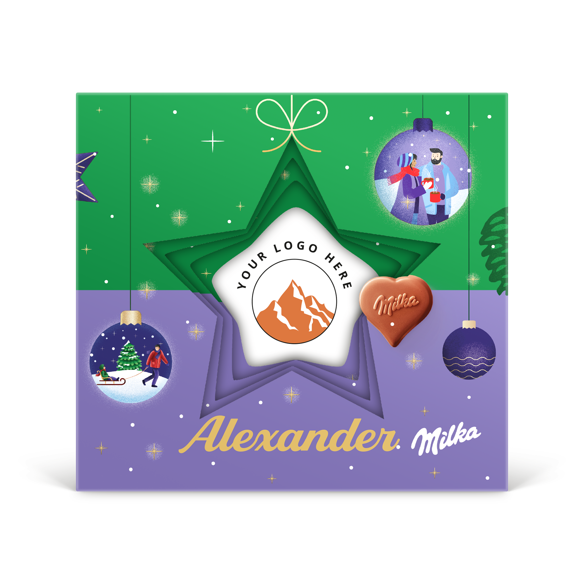 Inimi Milka în cutie cadou 3D personalizată - Crăciun