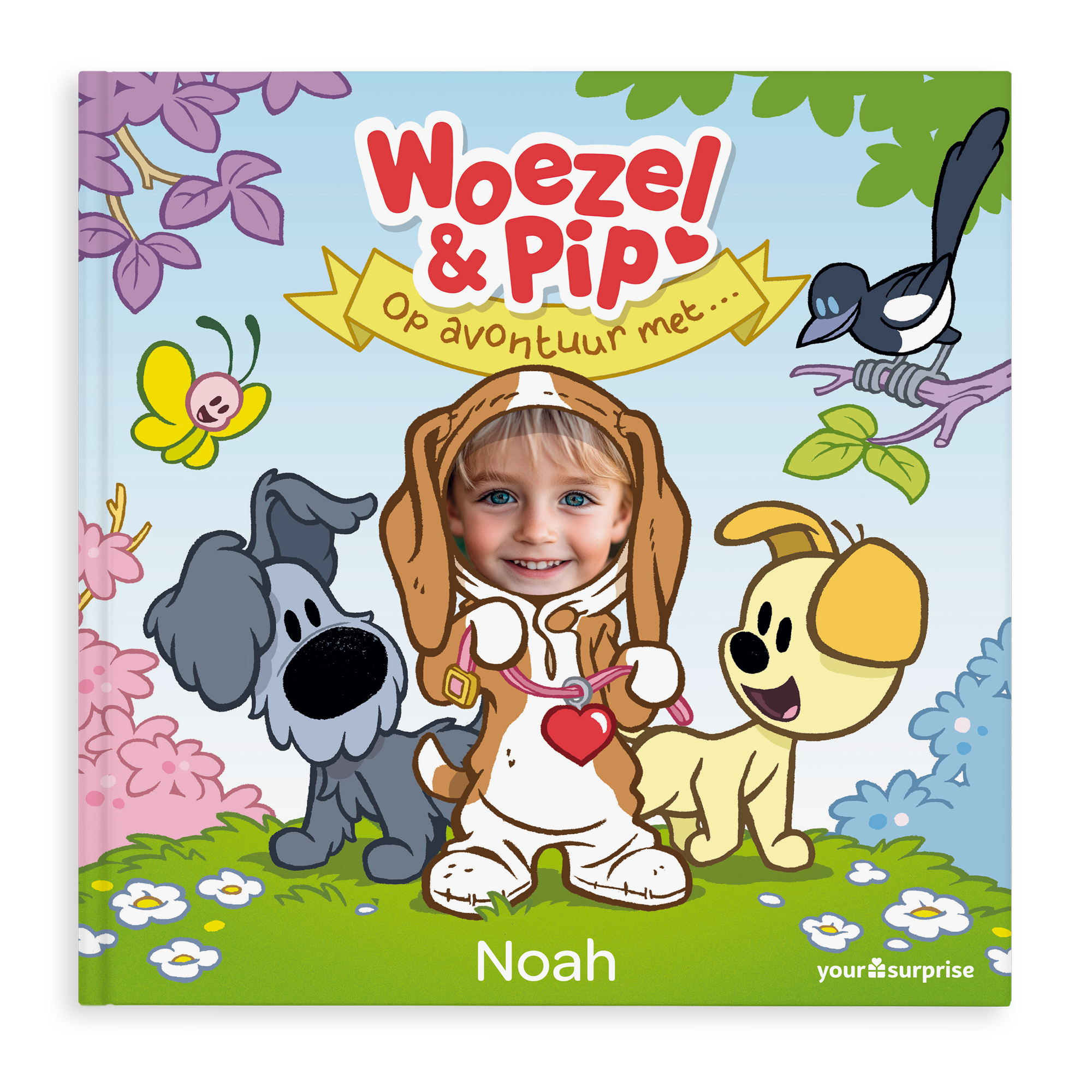 Gepersonaliseerd Woezel & Pip boek met foto van kindje Noah als Pip, maakt voorlezen magischer