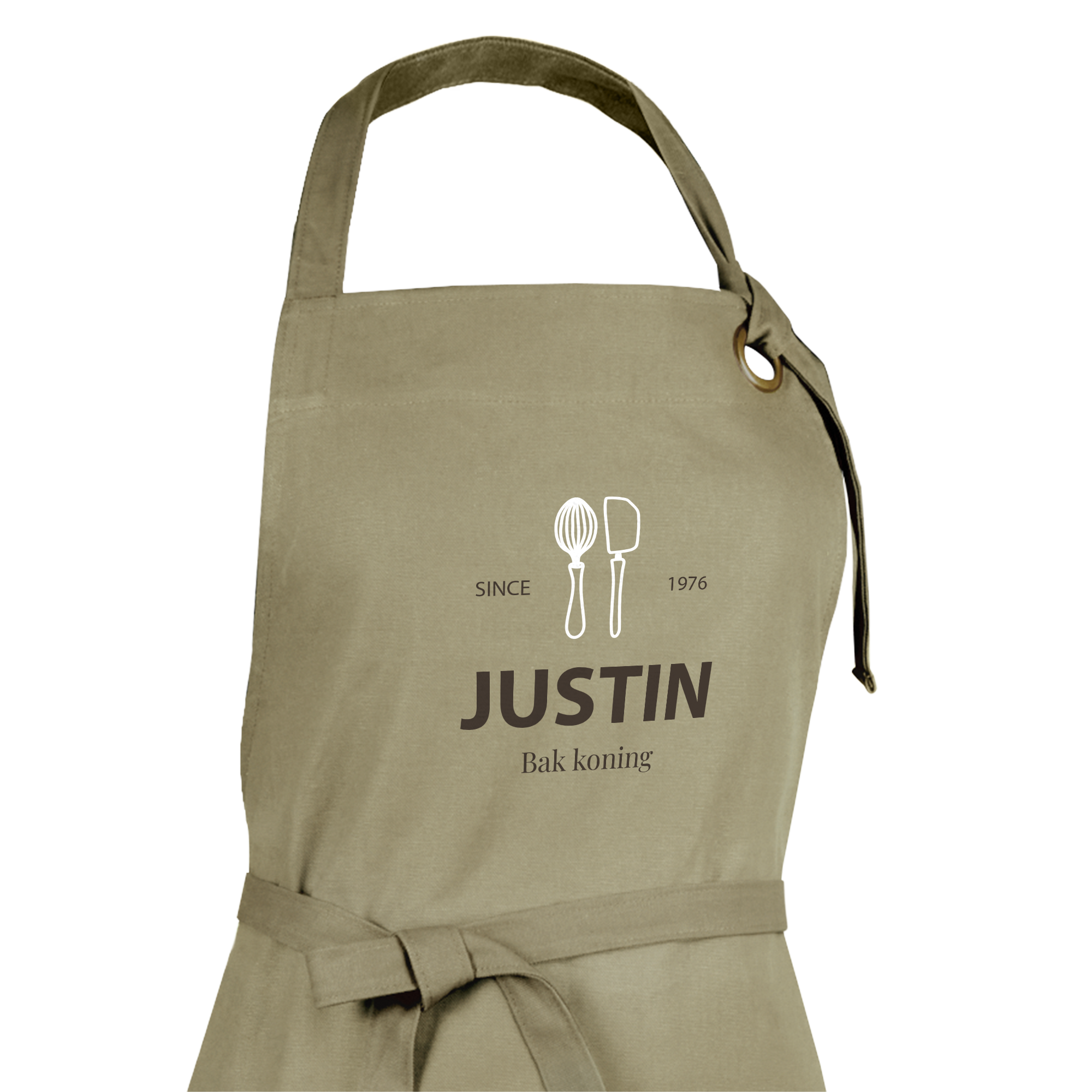Groen gepersonaliseerd schort bedrukt met de naam Justin en bak koning