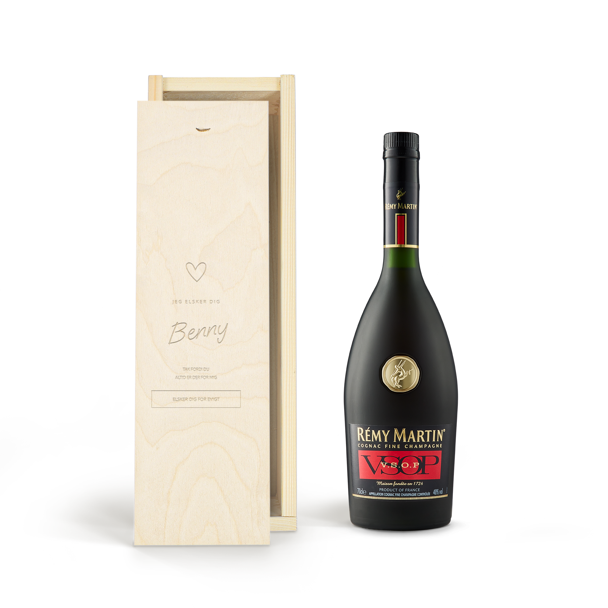 Remy Martin VSOP Cognac i trægavekasse med graveret design og teksten Benny