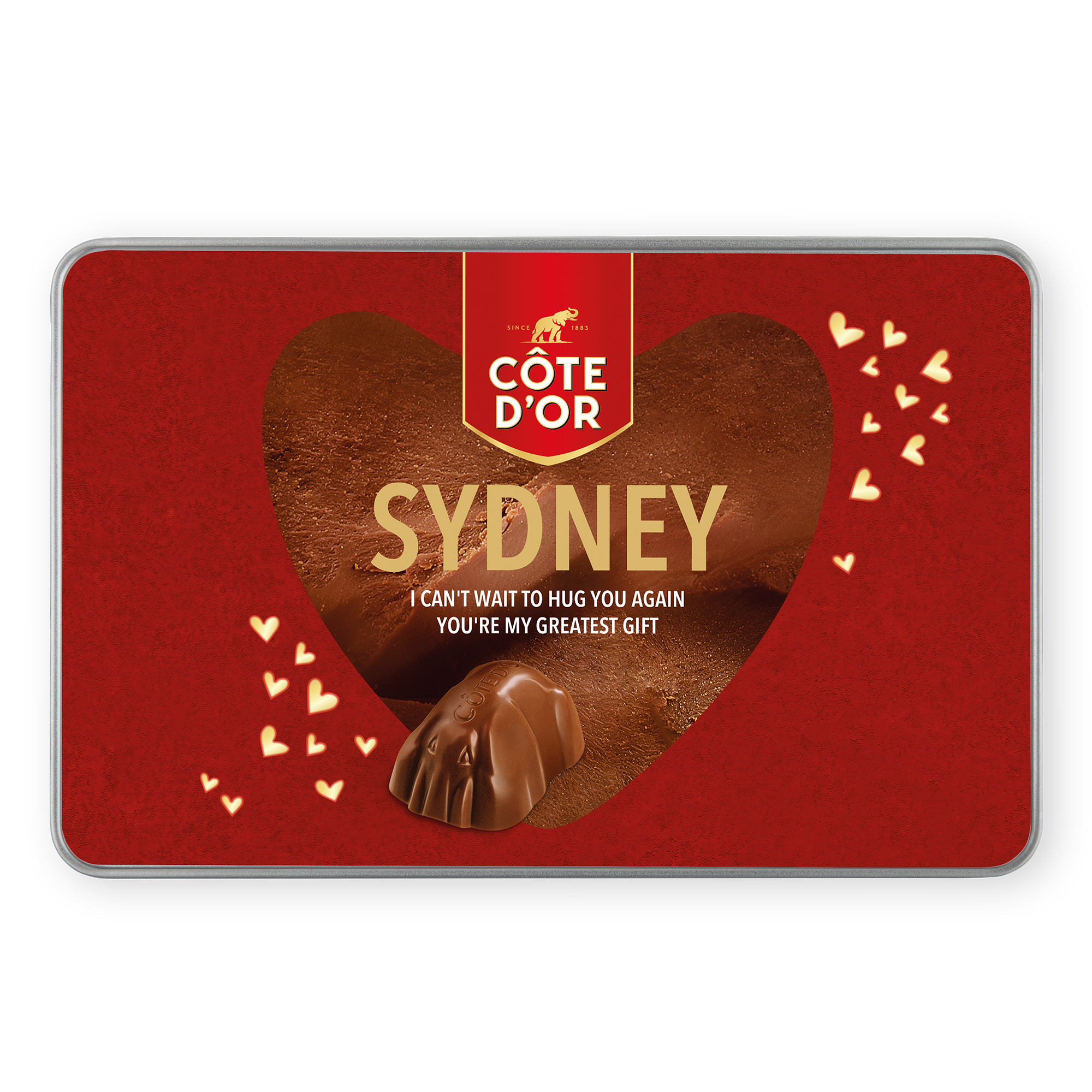 Puszka Côte d'Or Mini Bouchée z personalizowanym nadrukiem "SYDNEY" i tekstem "I CAN'T WAIT TO HUG YOU AGAIN YOU'RE MY GREATEST GIFT" na wieczku z sercem i czekoladkami