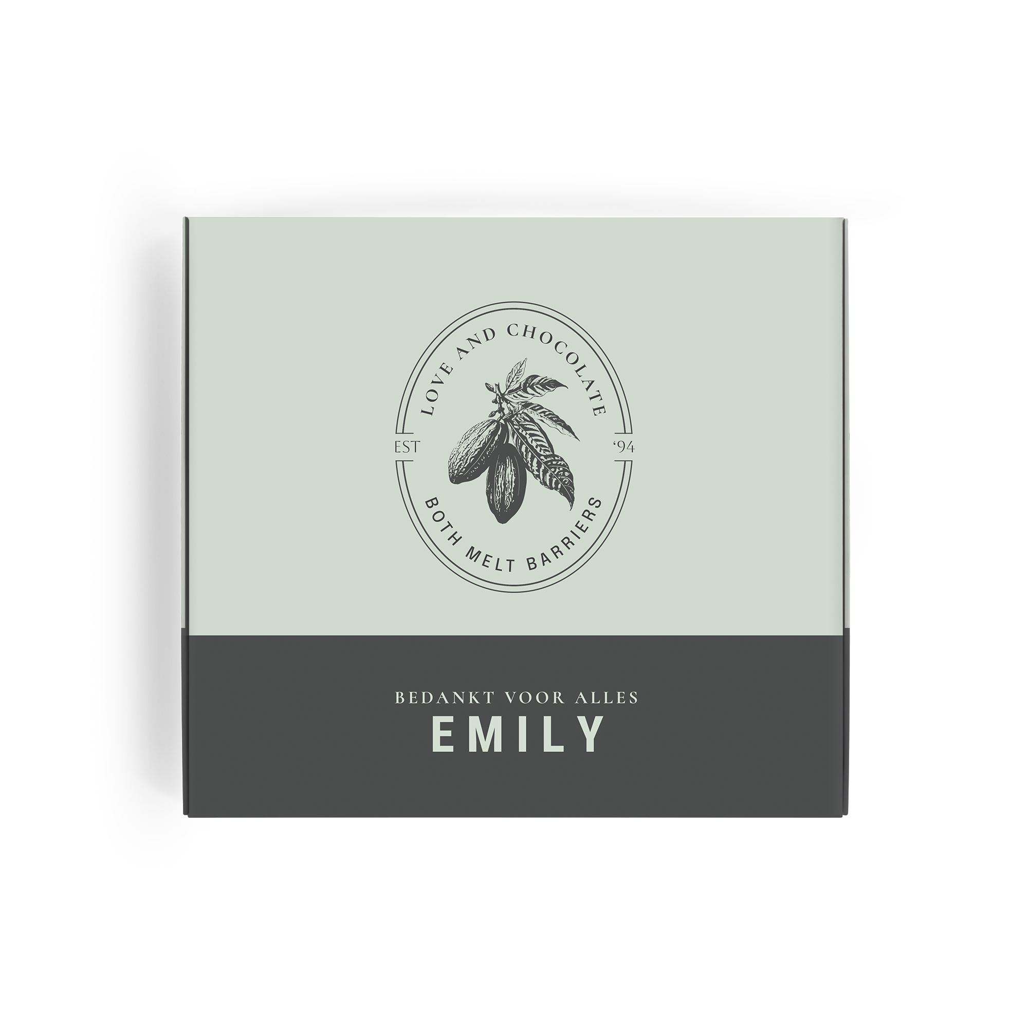 Groene Milka giftbox, persoonlijk bedrukt met "BEDANKT VOOR ALLES" en de naam EMILY.