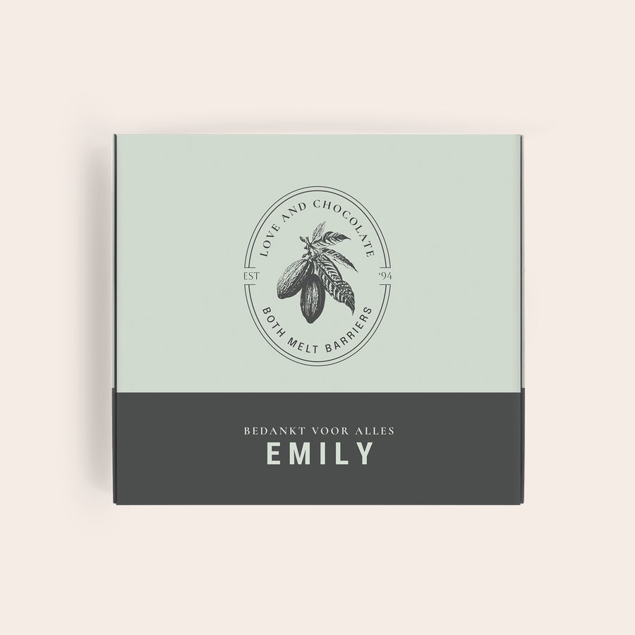 Milka Pralines Thank You Deze persoonlijke bedrukte Milka giftbox met cacaobonenlogo en de naam Emily, als bedankje.