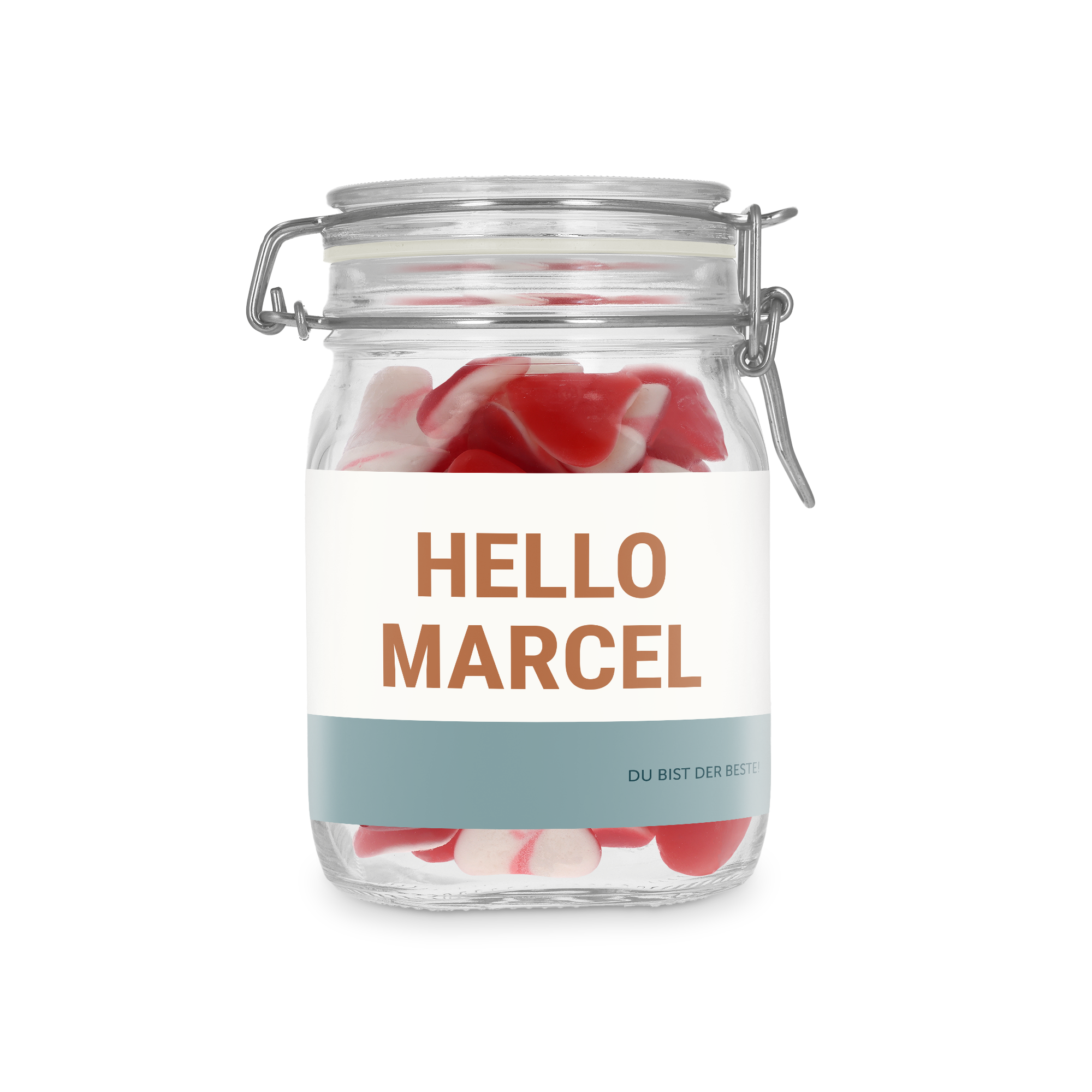 Personalisiertes Bonbonglas mit Herzen, bedruckt mit dem Namen Marcel und Botschaft "DU BIST DER BESTE"