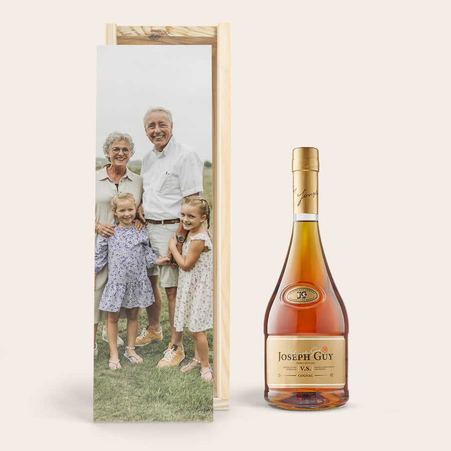 Cognac Joseph Guy Personalizzato bottiglia di brandy Joseph Guy e scatola di legno personalizzata con foto di famiglia, incisione su scatola