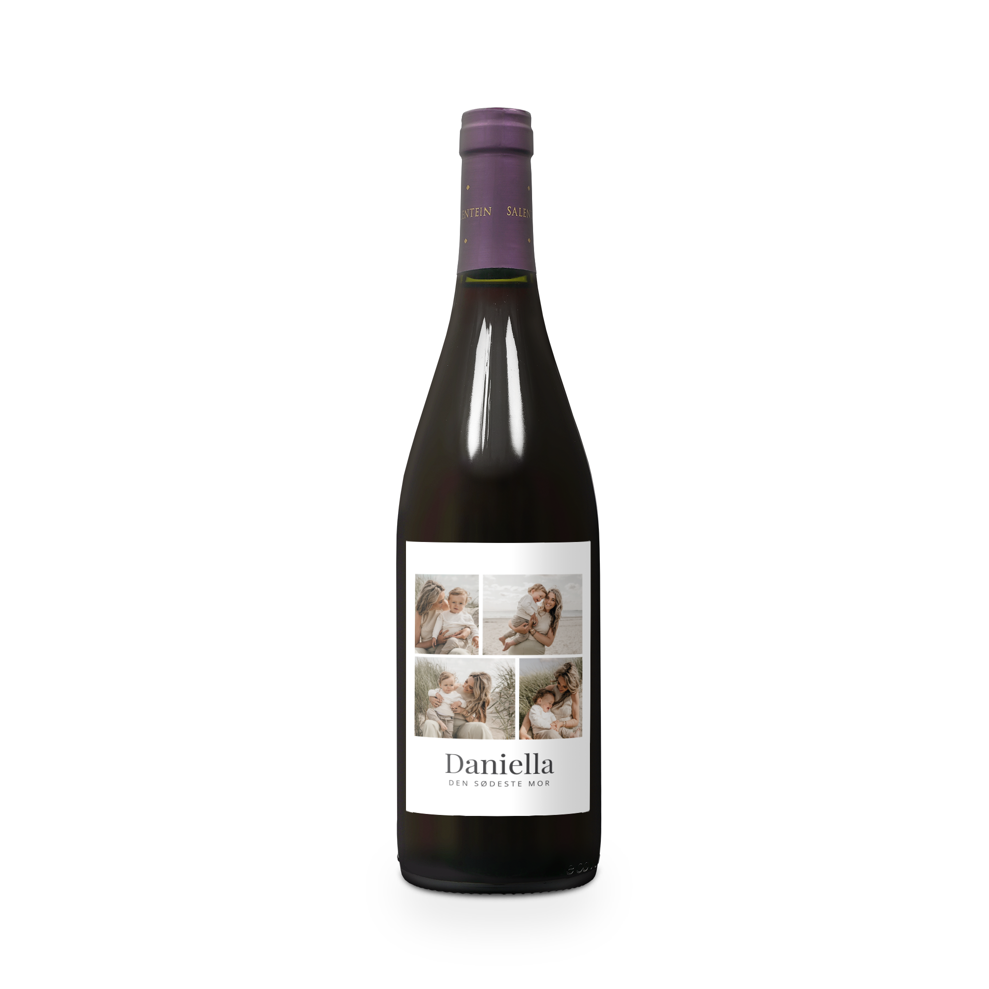 Salentein Pinot Noir vinflaske med fotocollage og teksten Daniella Den Søteste Mor på etiketten
