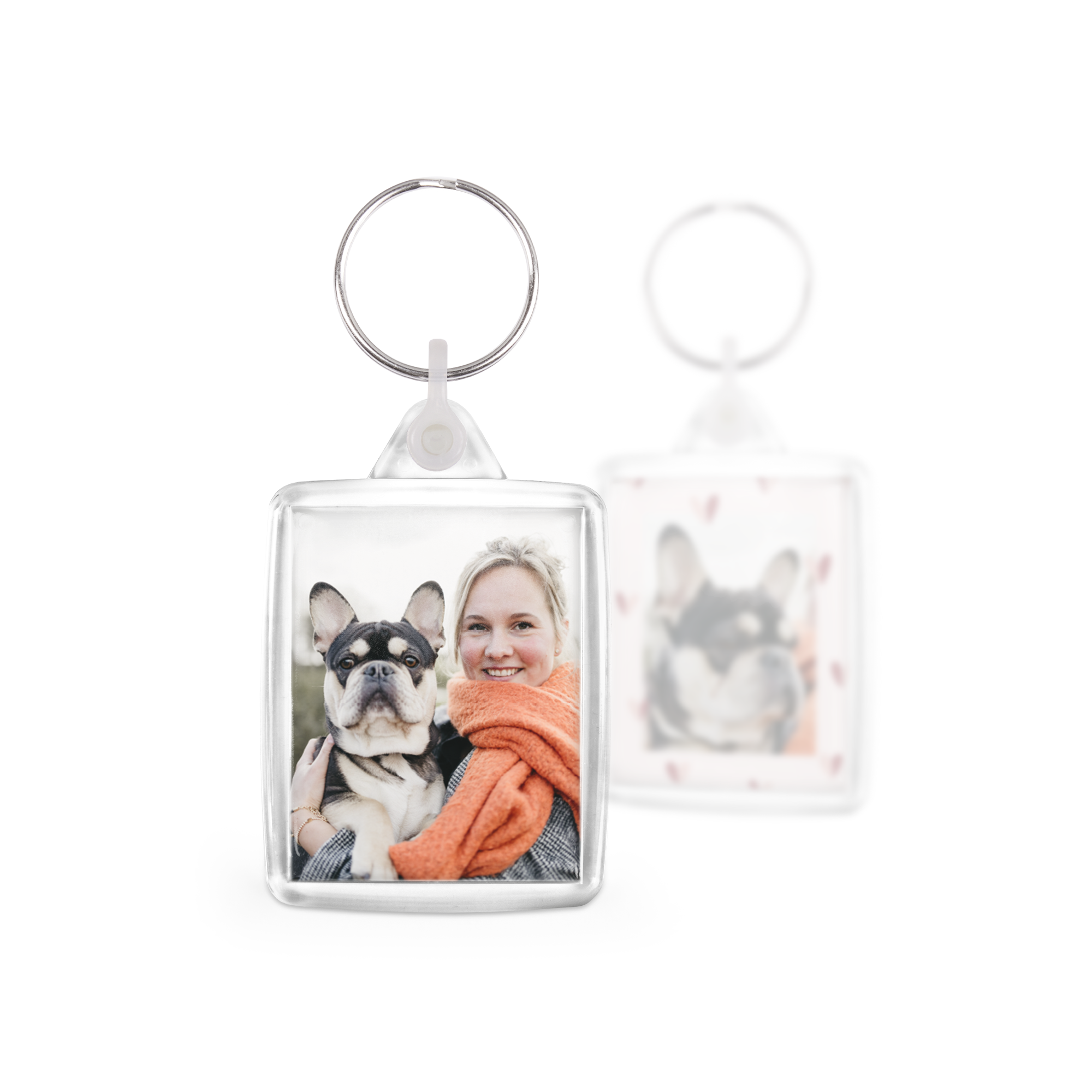 Faça você mesmo um conjunto personalizado de chaveiros exclusivos com impressão em ambos os lados e foto de mulher e cachorro