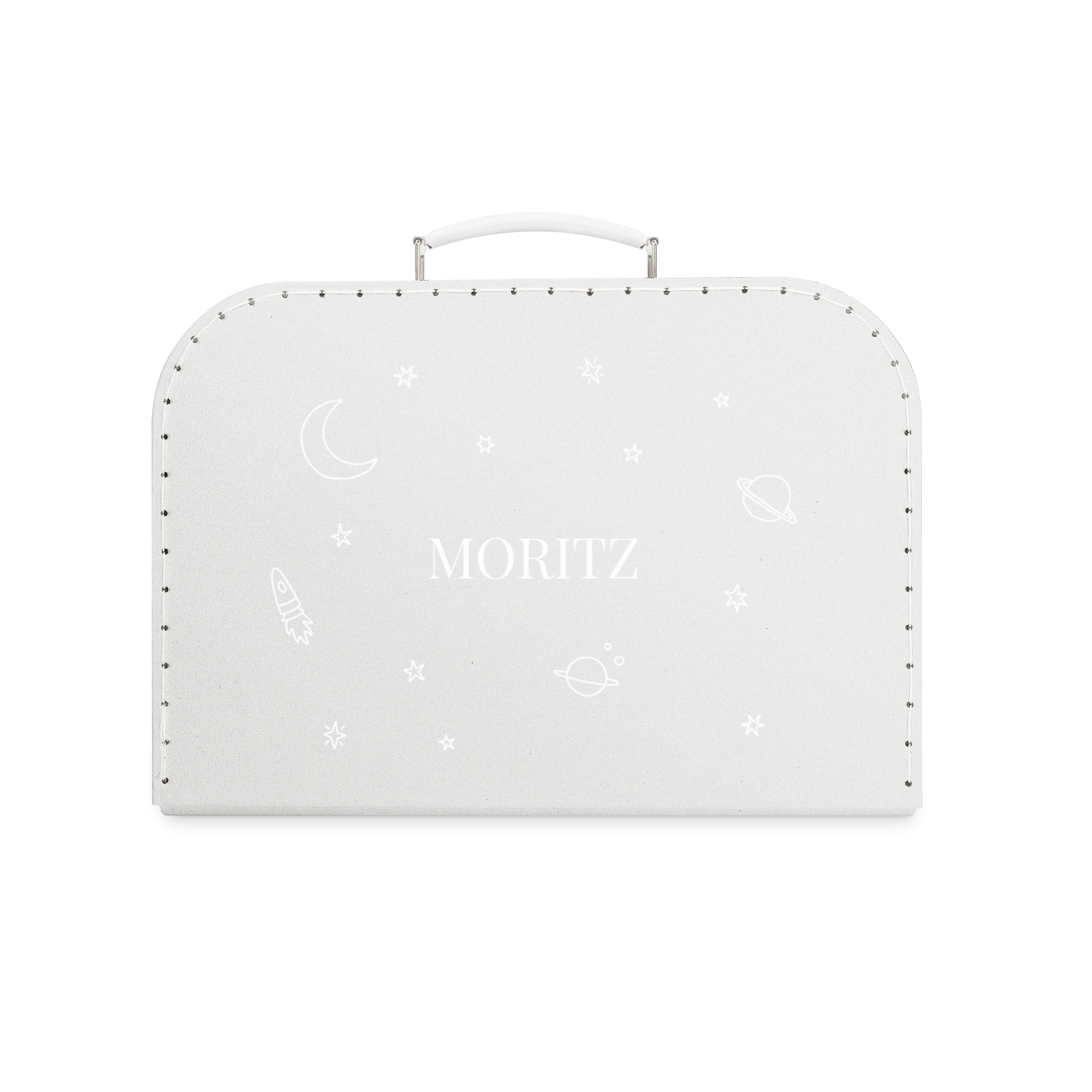 Großer grauer Kinderkoffer aus Pappe mit Namen Moritz und Weltall-Motiven, personalisierbar.