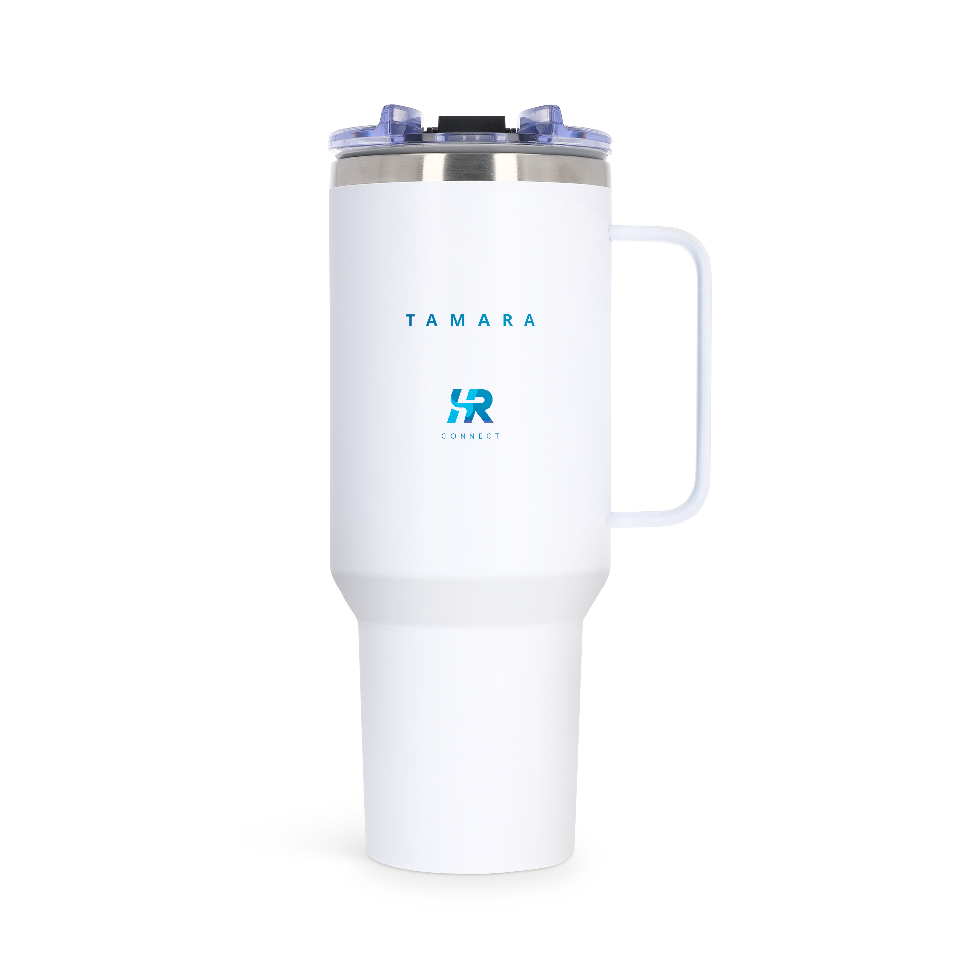 Weißer personalisierter 1,2 Liter Tumbler mit Strohhalm, bedruckt mit dem Namen Tamara und dem HR Connect Logo