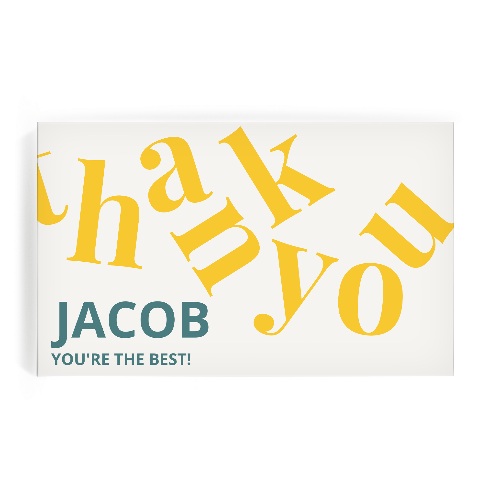 Caixa de presente personalizada de Snickers, impressa com "JACOB YOU'RE THE BEST!" e "Thank you" em amarelo.