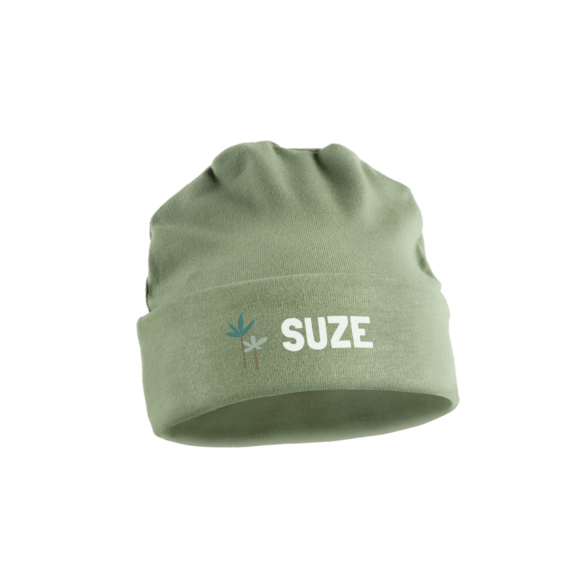 Groen bedrukt babymutsje met de naam SUZE en een palmboom design, personaliseerbaar met naam of tekst.