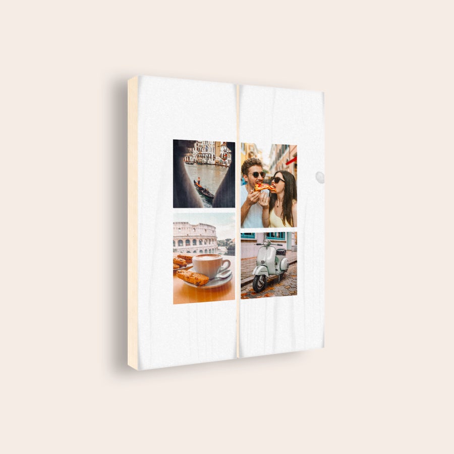 Photo sur bois Photo sur planches en bois personnalisée avec quatre images de voyage, imprimée avec une photo de Venise, une de couple mangeant de la pizza, une de café devant le Colisée et une de scooter