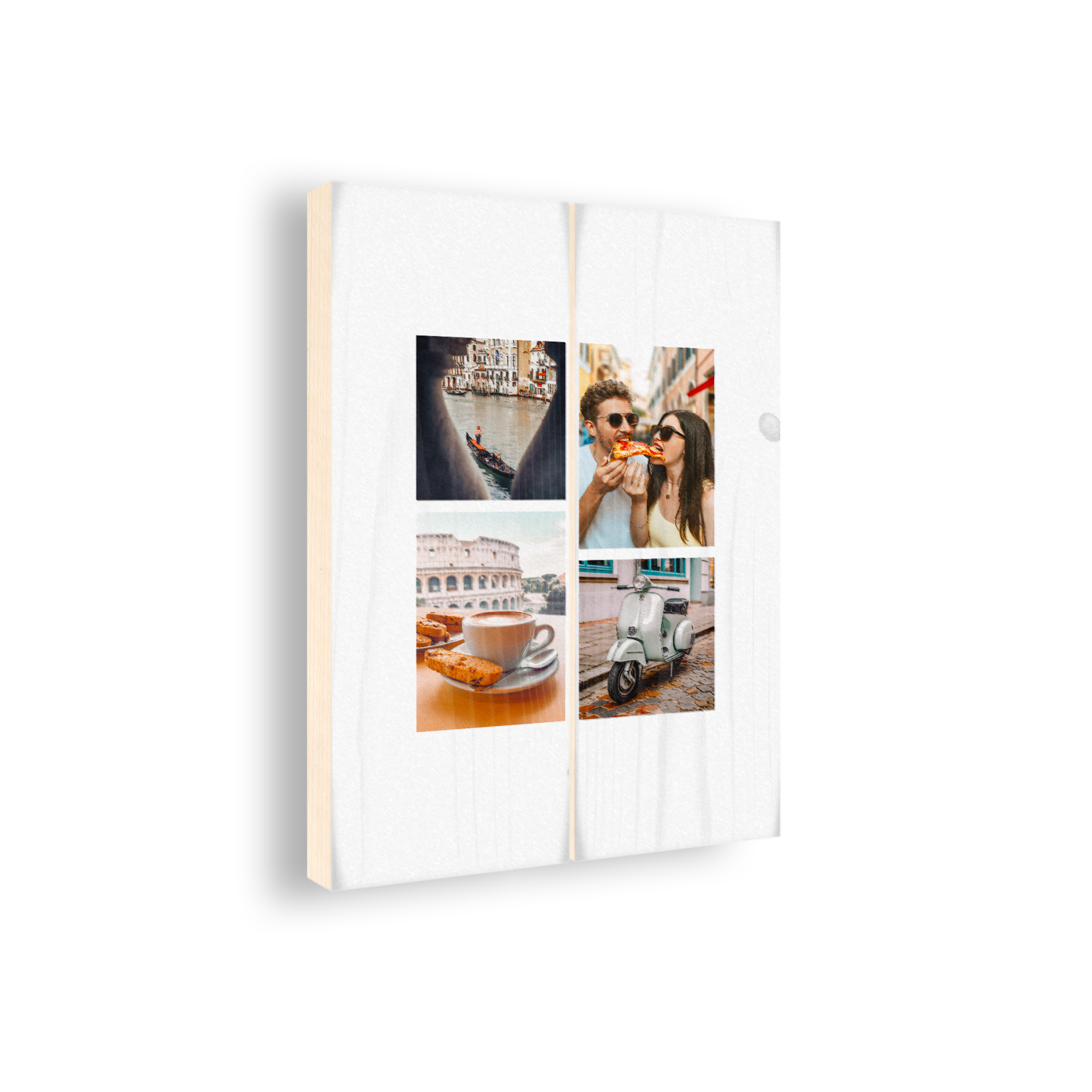 Personalized photo print on wooden planks with four travel photos