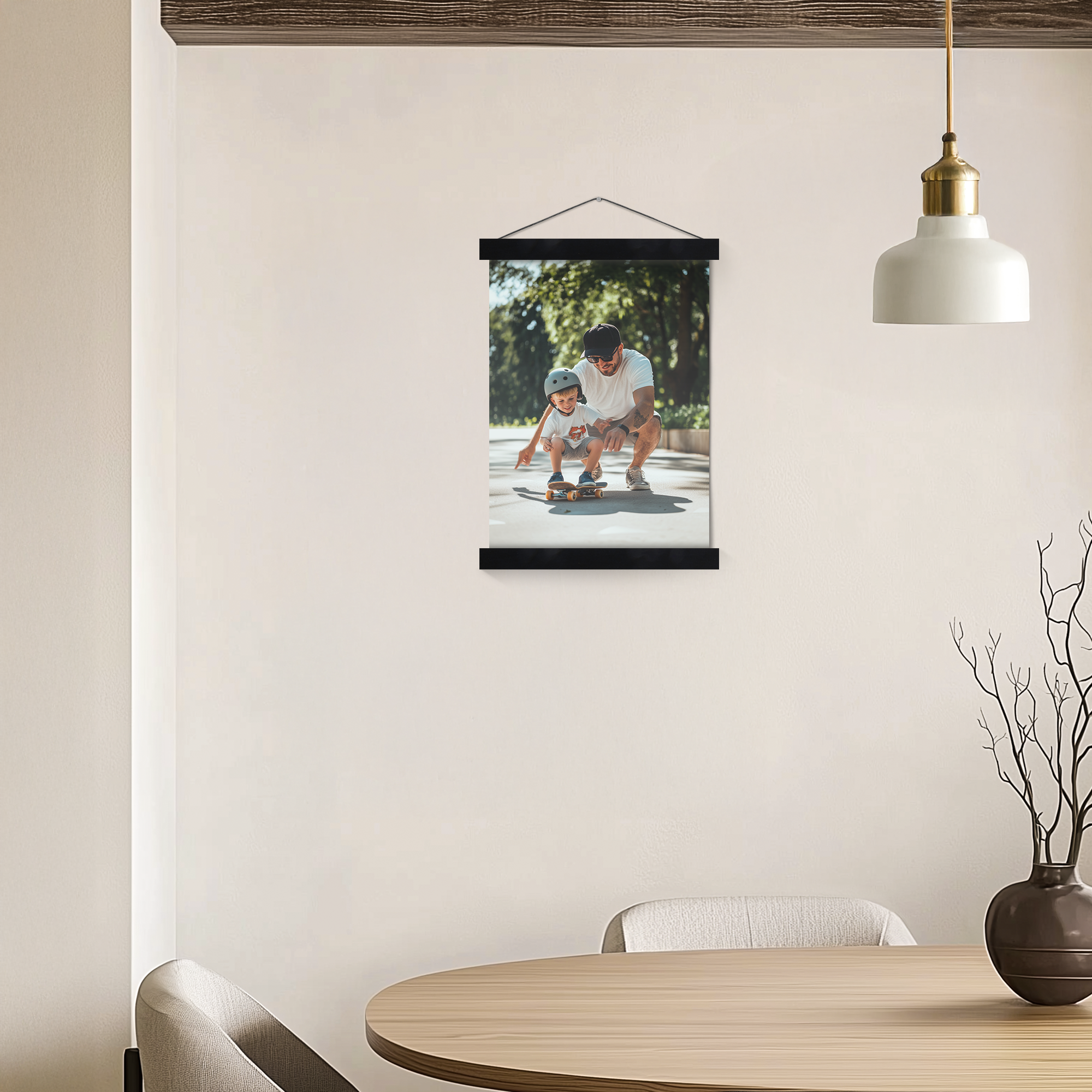 Personalized photo poster on a magnetic hanger showing a father and son skateboarding, customizable with your own photo