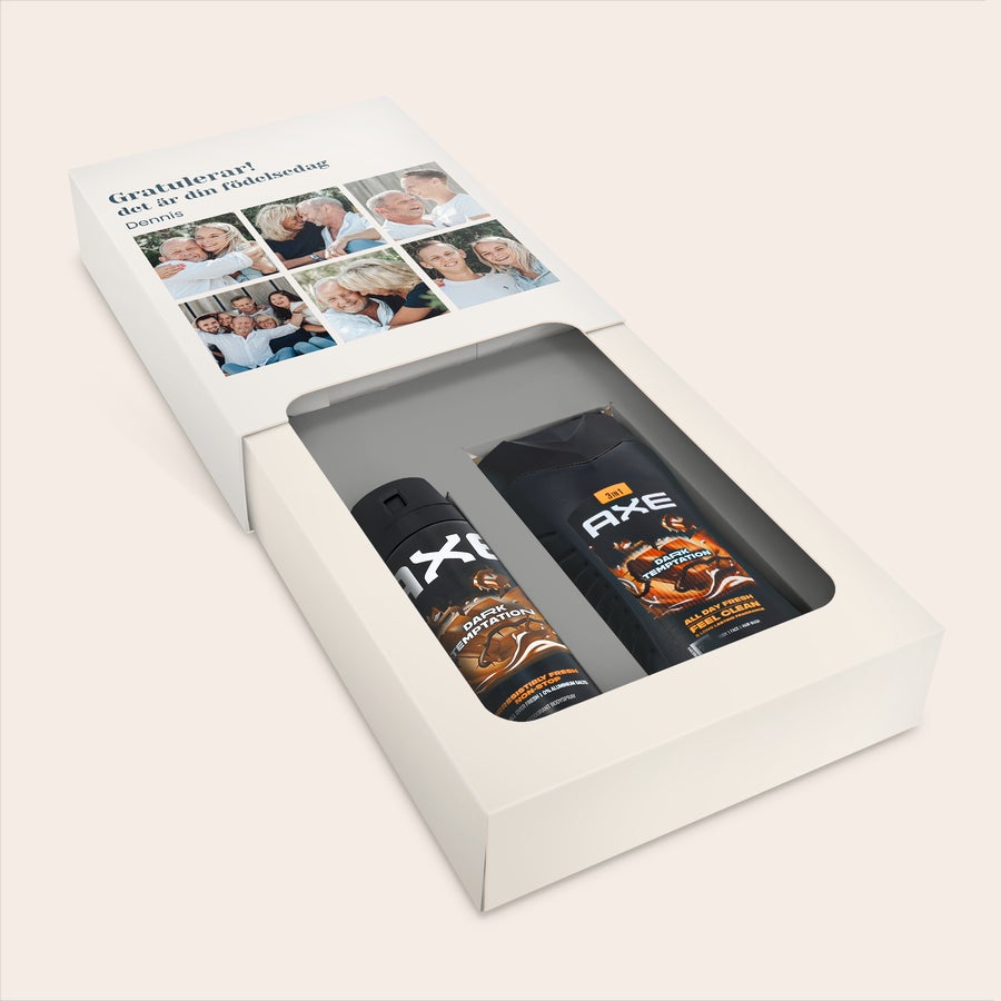 Personlig yxa presentset - Dark Temptation Personlig yxa presentset - Dark Temptation. Presentförpackning med foton, texten "Gratulerar! det är din födelsedag Dennis" och Axe produkter.