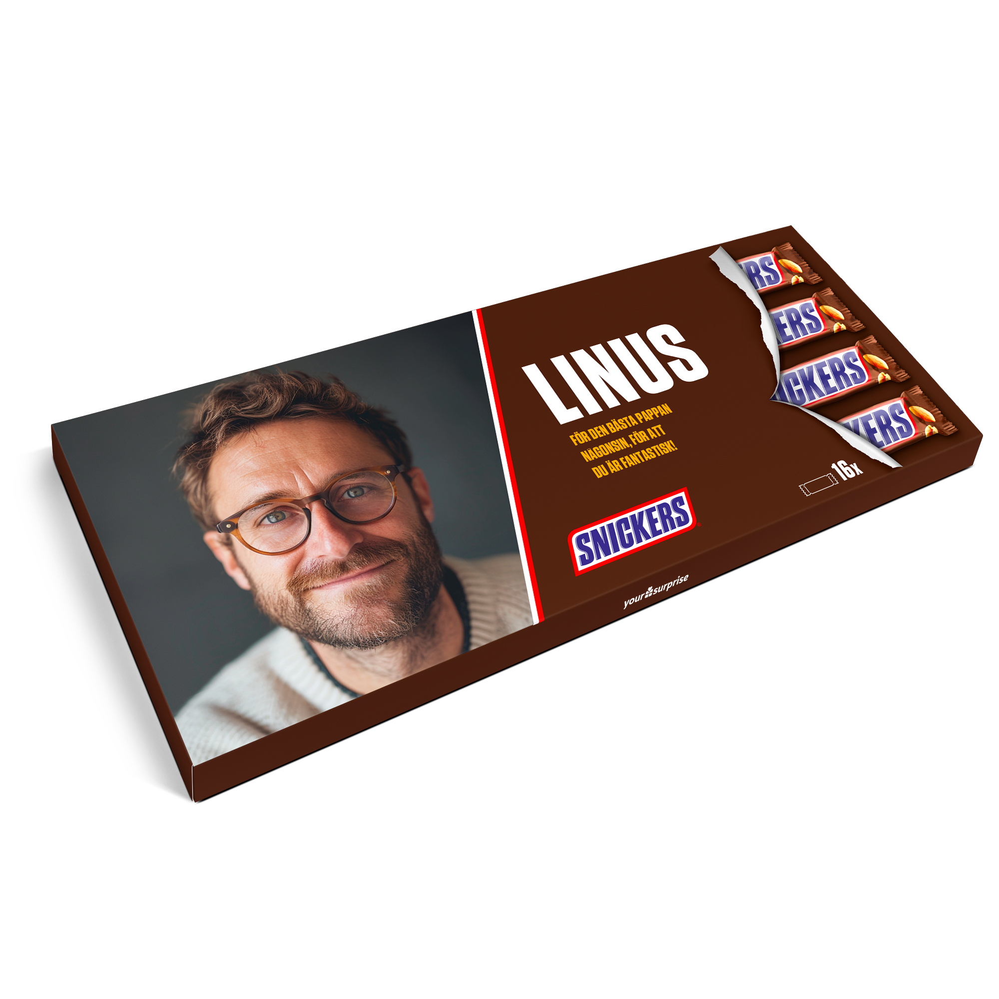 Personlig gigantisk Snickersbar i choklad med foto och namn "Linus" tryckt på asken, inklusive meddelande "För den bästa pappan någonsin, för att du är fantastisk!".