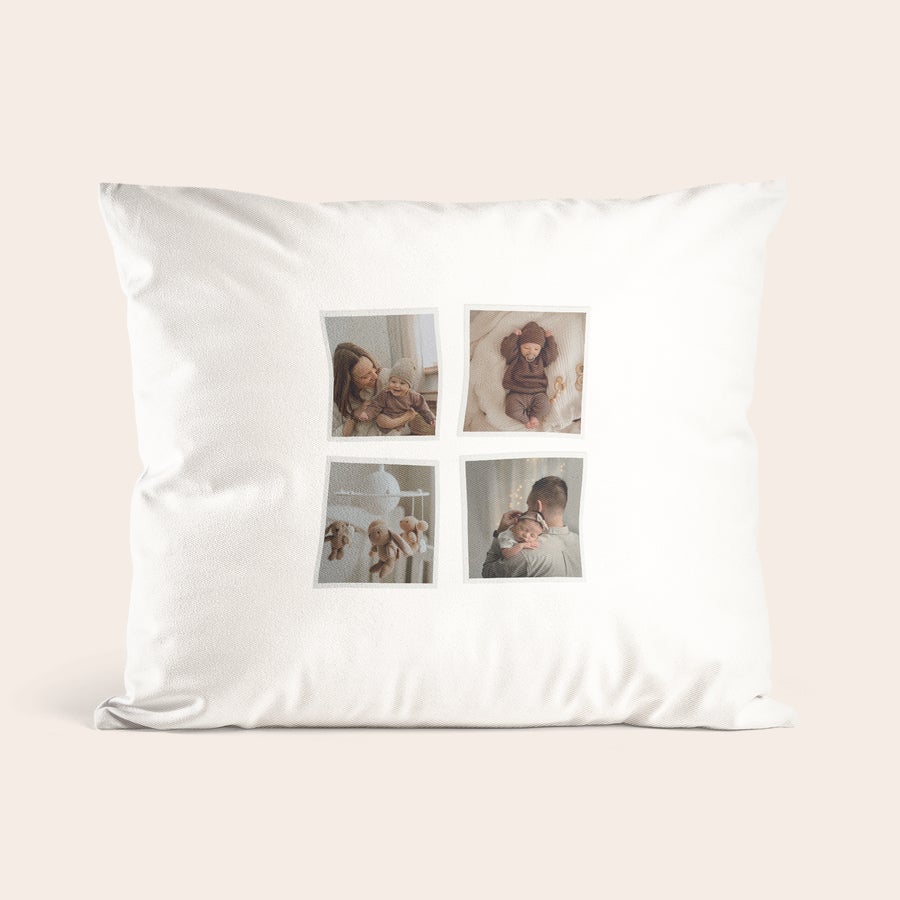 Cuscini con Foto Cuscino bianco personalizzato con la tua foto stampata che mostra quattro foto di neonati e genitori