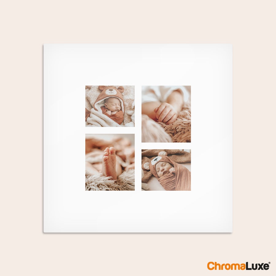 Aluminium fotopanel Chromaluxe aluminium fotoprint med fire billeder af en sovende baby, trykt for at tage dine yndlingsminner med dig.